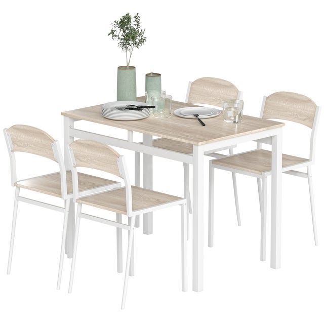 HOMCOM Set Da Pranzo Tavolo E 4 Sedie In Metallo E Mdf, Bianco E Legno