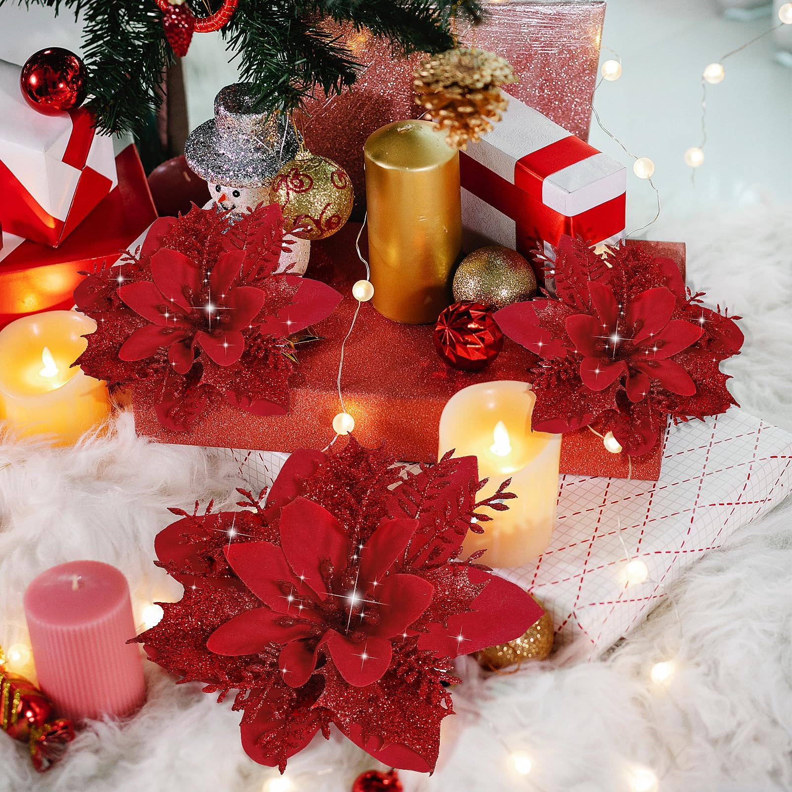 50 pièces décorations de noël, fleurs de noël artificielles avec clips, guirlande d'arbre de noël scintillante pendentifs de fleurs artificielles - 7