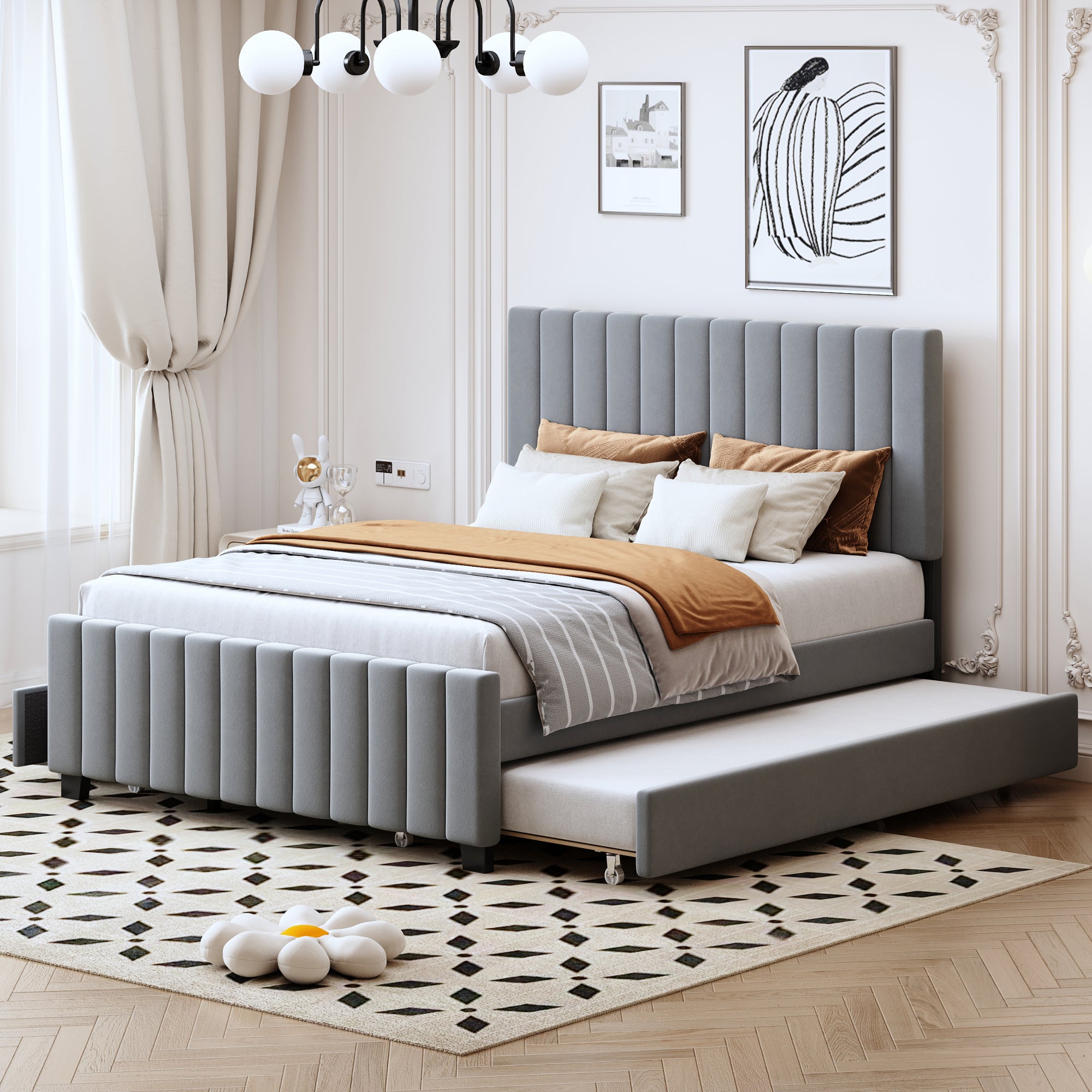 Lit gigogne 140 x 190 cm lit capitonné avec 2 tiroirs, velours, gris, sans matelas - 2