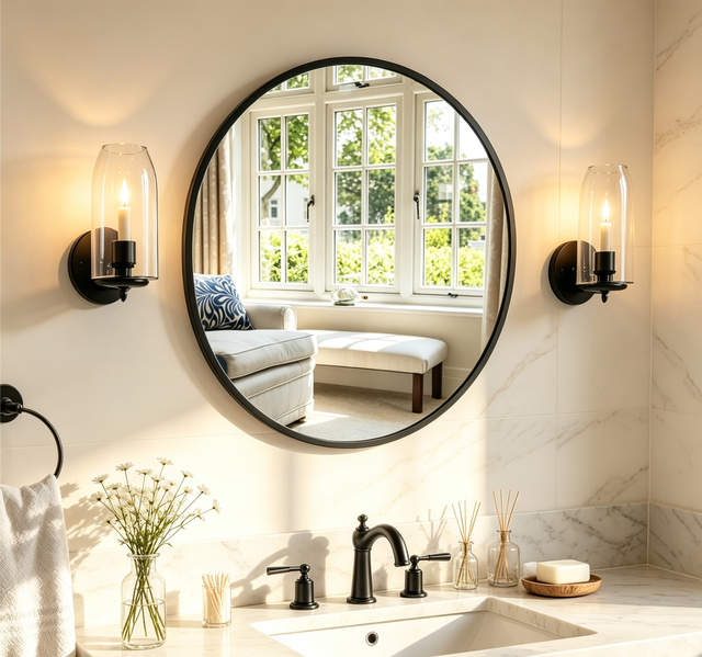 Miroir Mural Rond 75 cm, Miroir Salle de Bain, Noir Cadre en Aluminium, Petit Miroir Rond Décoratif pour Entrée, Chambre, Maquillage