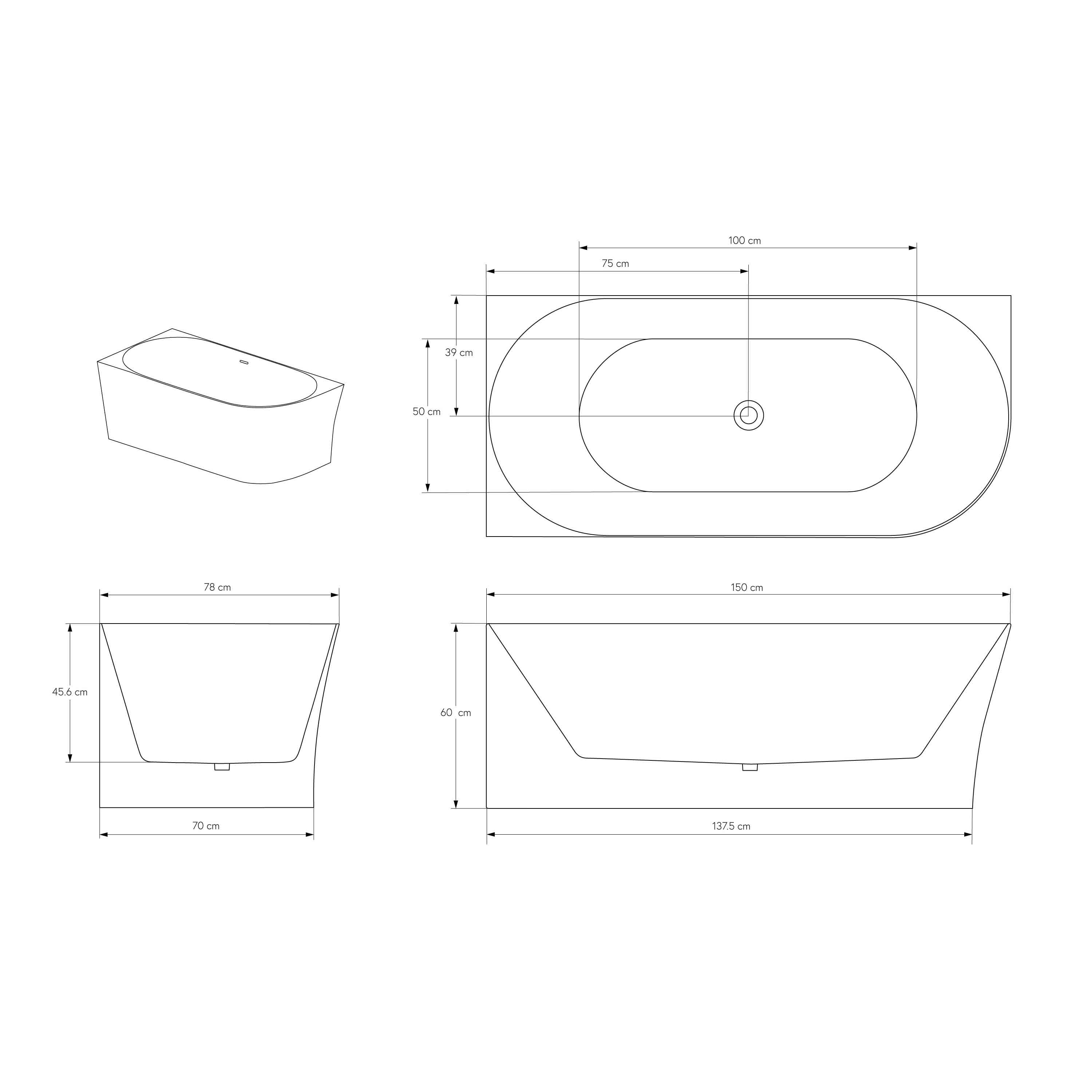 BERNSTEIN - Baignoire d'angle semi-ilot Acrylique 150x78x60cm Blanc brillant + Bonde et trop plein - installation à gauche - NOVA SLIM LINE - 7