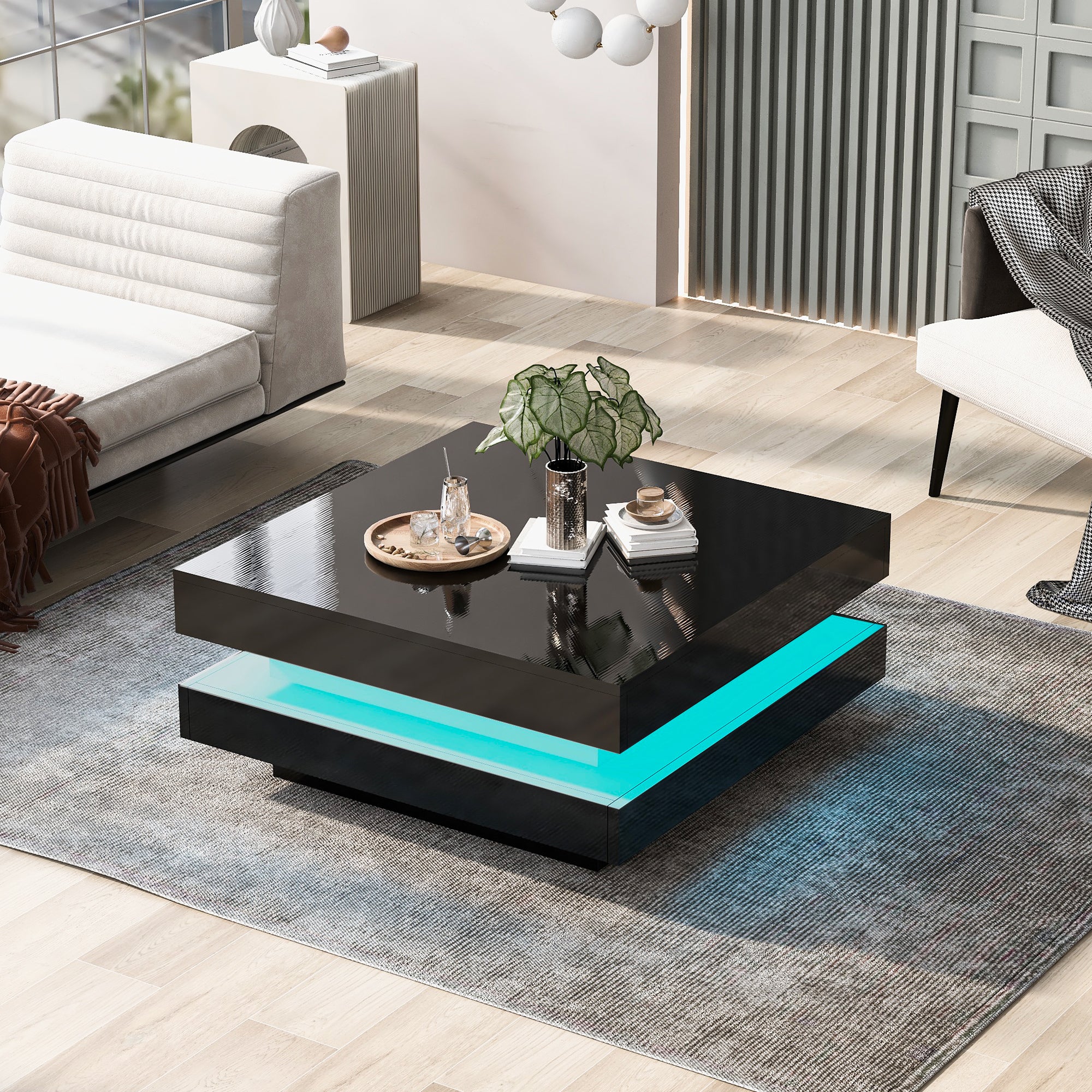 Stolik kawowy kwadratowy z oświetleniem LED - 70x70x36 cm - Płyta wiórowa - Czarny