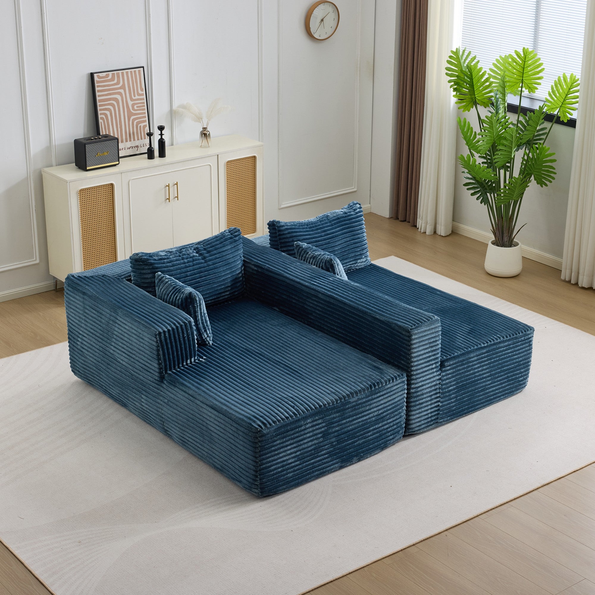Ensemble de canapés modulaires en velours côtelé, ensemble de canapés en L sur pied, prêt à assembler, adapté aux salons, bleu - 3