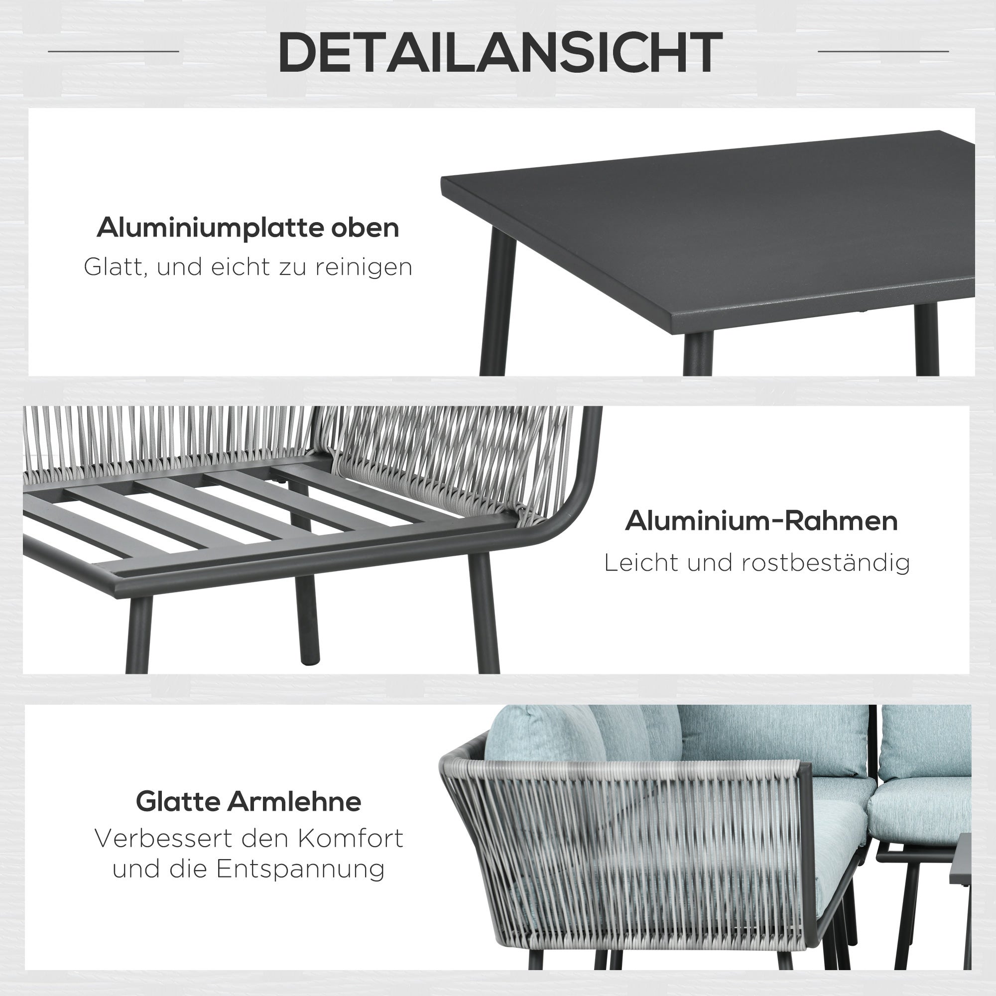 Un ensemble de mobilier de jardin en rotin quatre pièces, comprenant des chaises rembourrées, deux causeuses, un canapé d'angle et une table basse ; u - 6