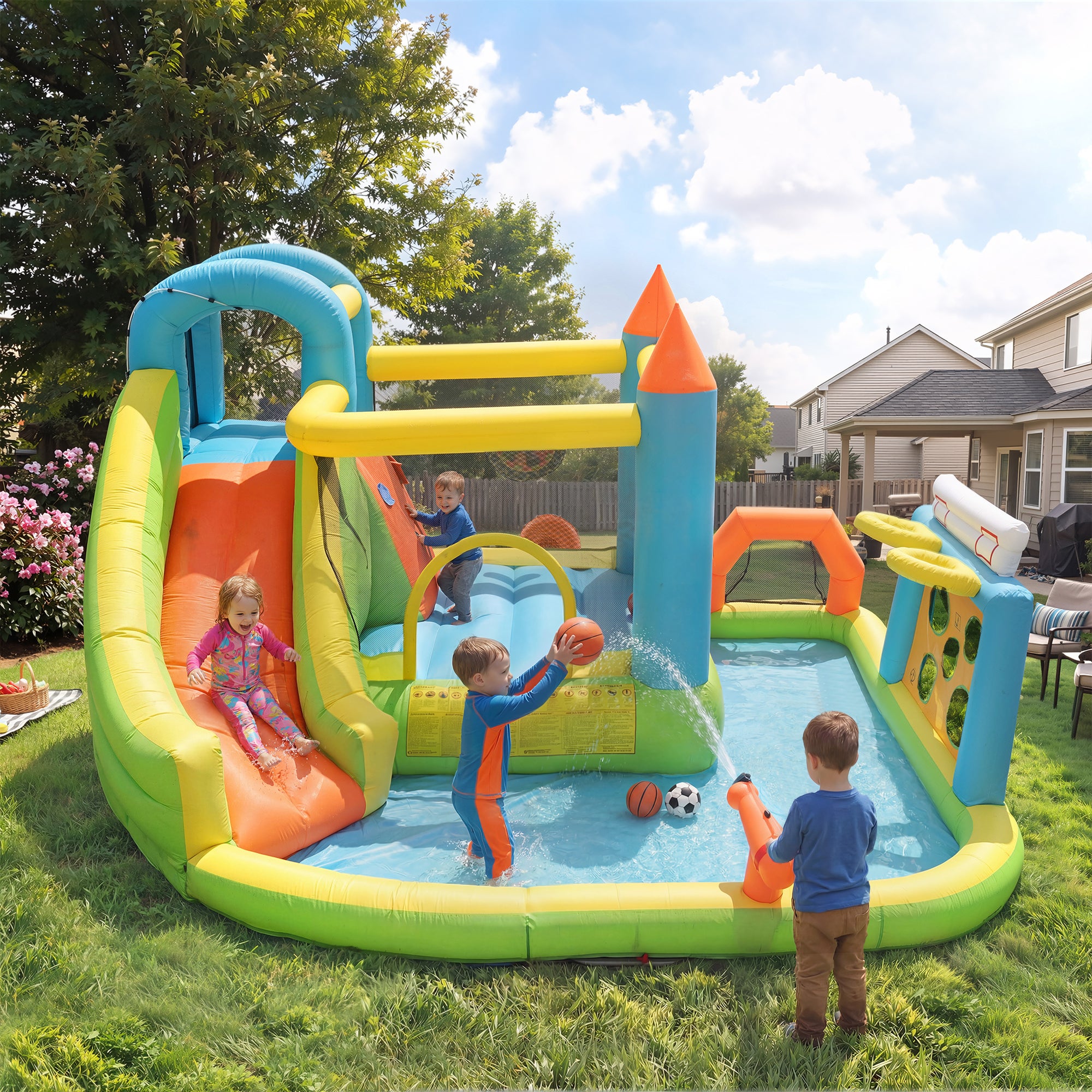 Plac zabaw ze zjeżdżalnią, strefą do skakania, basenem z wodą, koszem do koszykówki i siatką - 360x320x200 cm - tkanina Oxford - wielokolorowy