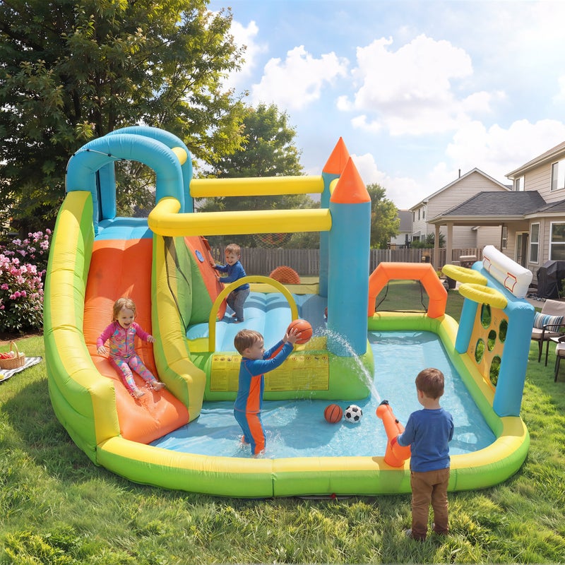 Plac zabaw ze zjeżdżalnią, strefą do skakania, basenem z wodą, koszem do koszykówki i siatką - 360x320x200 cm - tkanina Oxford - wielokolorowy