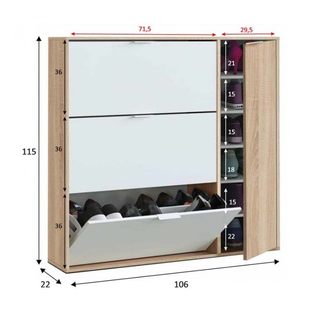 Meuble à Chaussures avec 3 abattants et 1 porte chêne canadien / blanc artic -Hauteur 115 x Longueur 106 x Profondeur 22 cm - 3