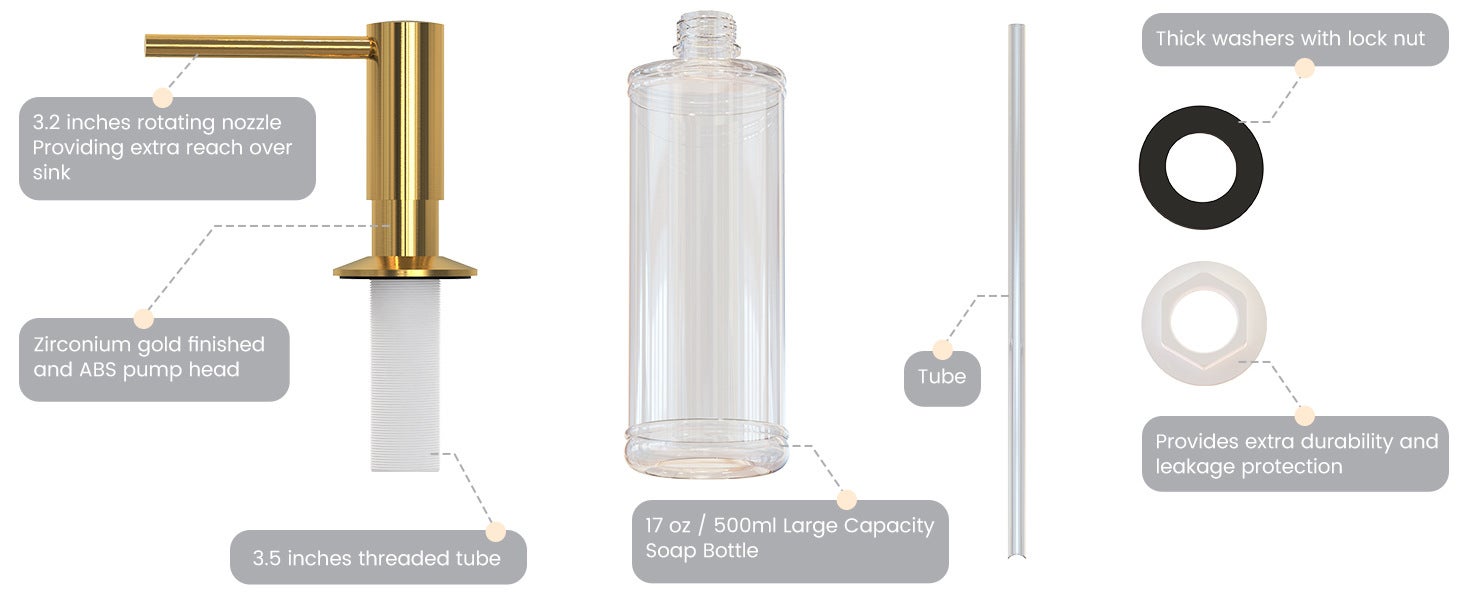 Dispenser di sapone da cucina con contenitore da 500 ml - Dispenser di sapone da incasso per lavello da cucina - Oro - 5