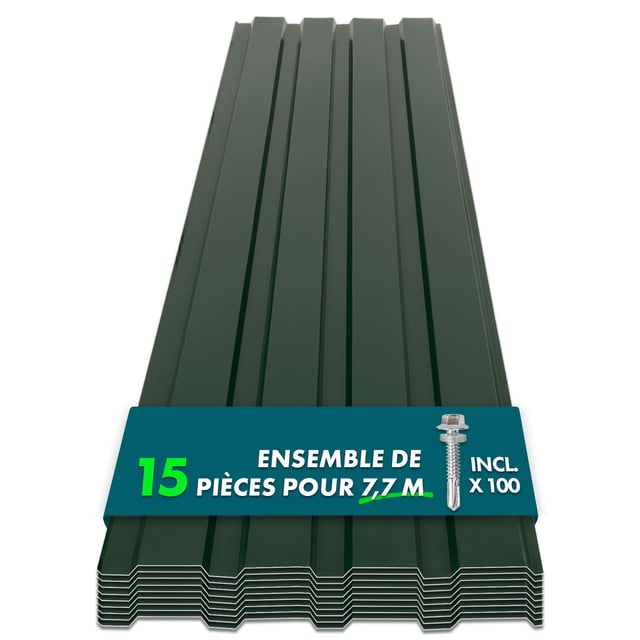 Lot de 15 tôles Couverture métallique Tôle avec vis Épaisseur : 0.25 mm, 115 x 45 cm, Vert