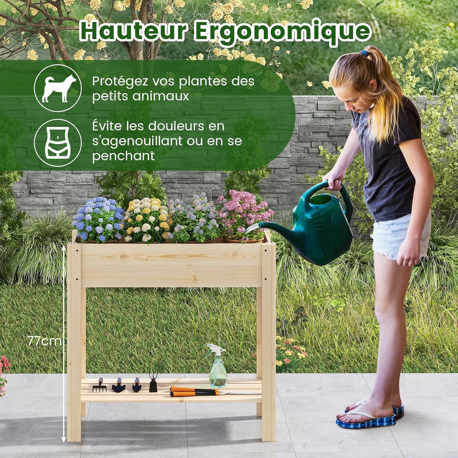 Jardinière Surélevée en Bois avec Pieds, Lit de Jardin avec Étagère de Rangement et Trous de Drainage, Conteneur (81 x 37 x 77 cm) - 5