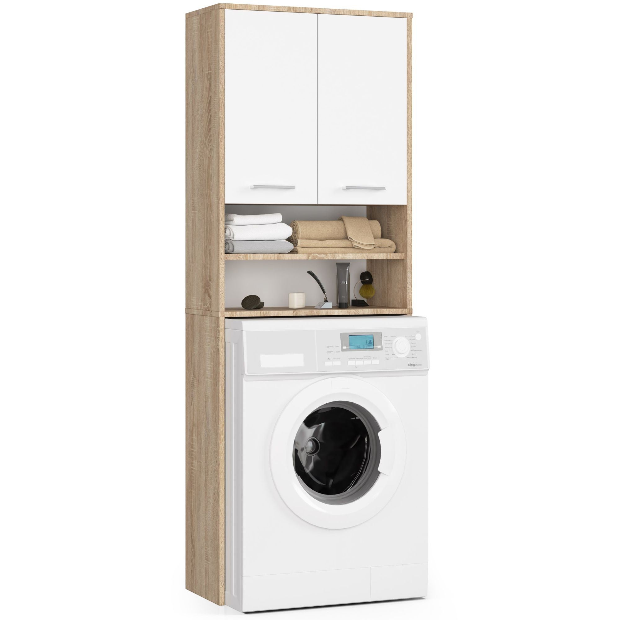 Szafka łazienkowa nad pralką: 2 drzwi, 4 półki, dąb sonoma | biały, szer.: 64 cm, wys.: 180 cm, gł.: 30 cm.
