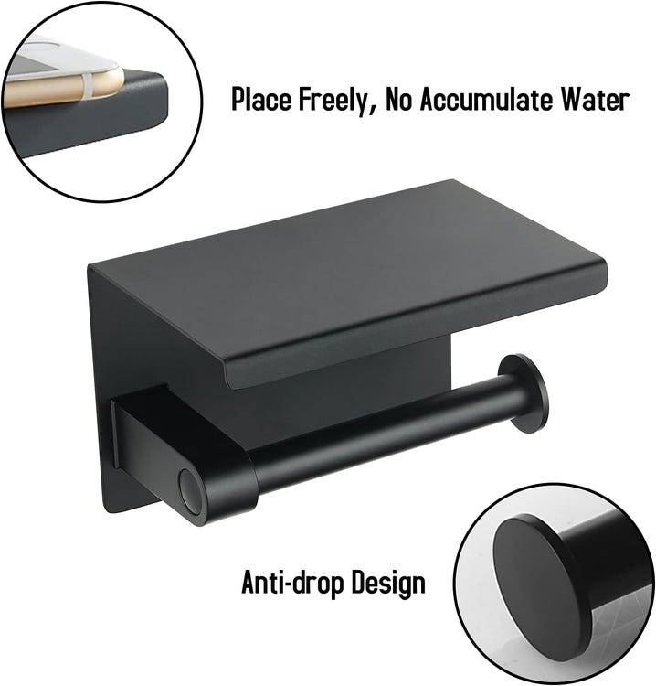 Porte-papier toilette noir, porte-rouleau de papier toilette en acier inoxydable 304 avec étagère pour téléphone, support mural pour papier toilette - 4