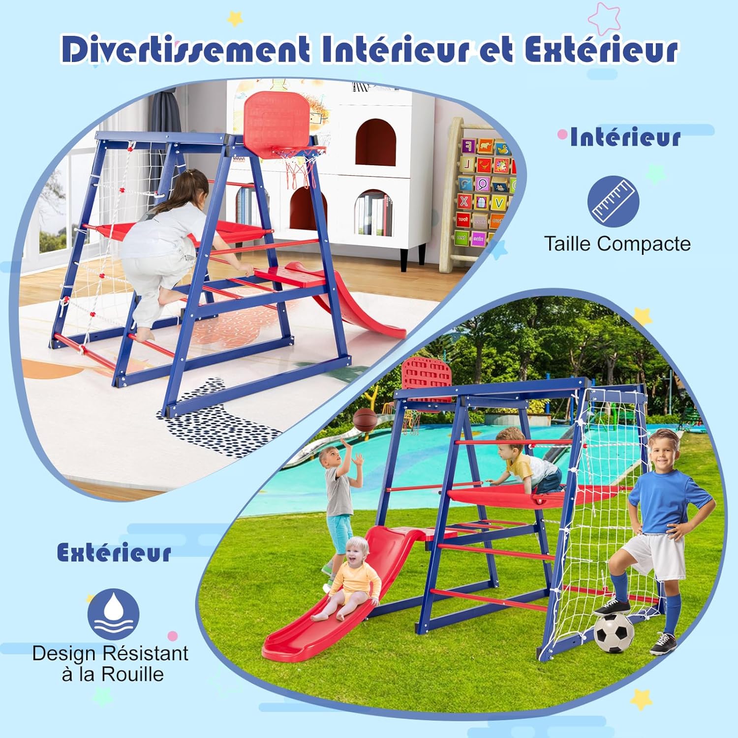 7 en 1 Aire de Jeux d’Escalade Enfant avec Toboggan & Panier de Basketball, Jouet d’Escalade Montessori avec 2 Plateforme - 7