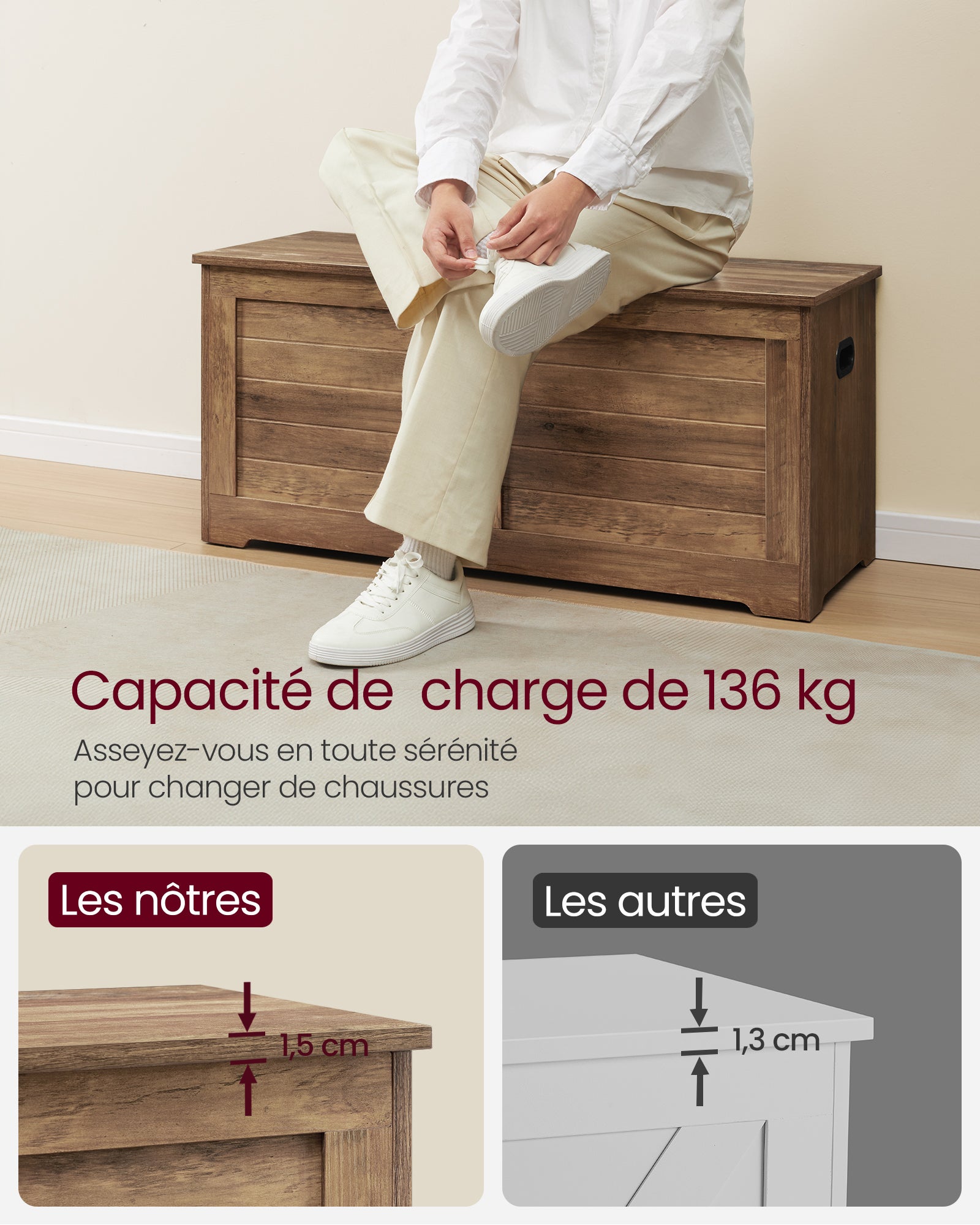 Coffre de Rangement, Banc de Stockage, 2 Charnières de Sécurité, , 40 x 100 x 46 cm, pour Entrée, Salon, Marron Miel - 7