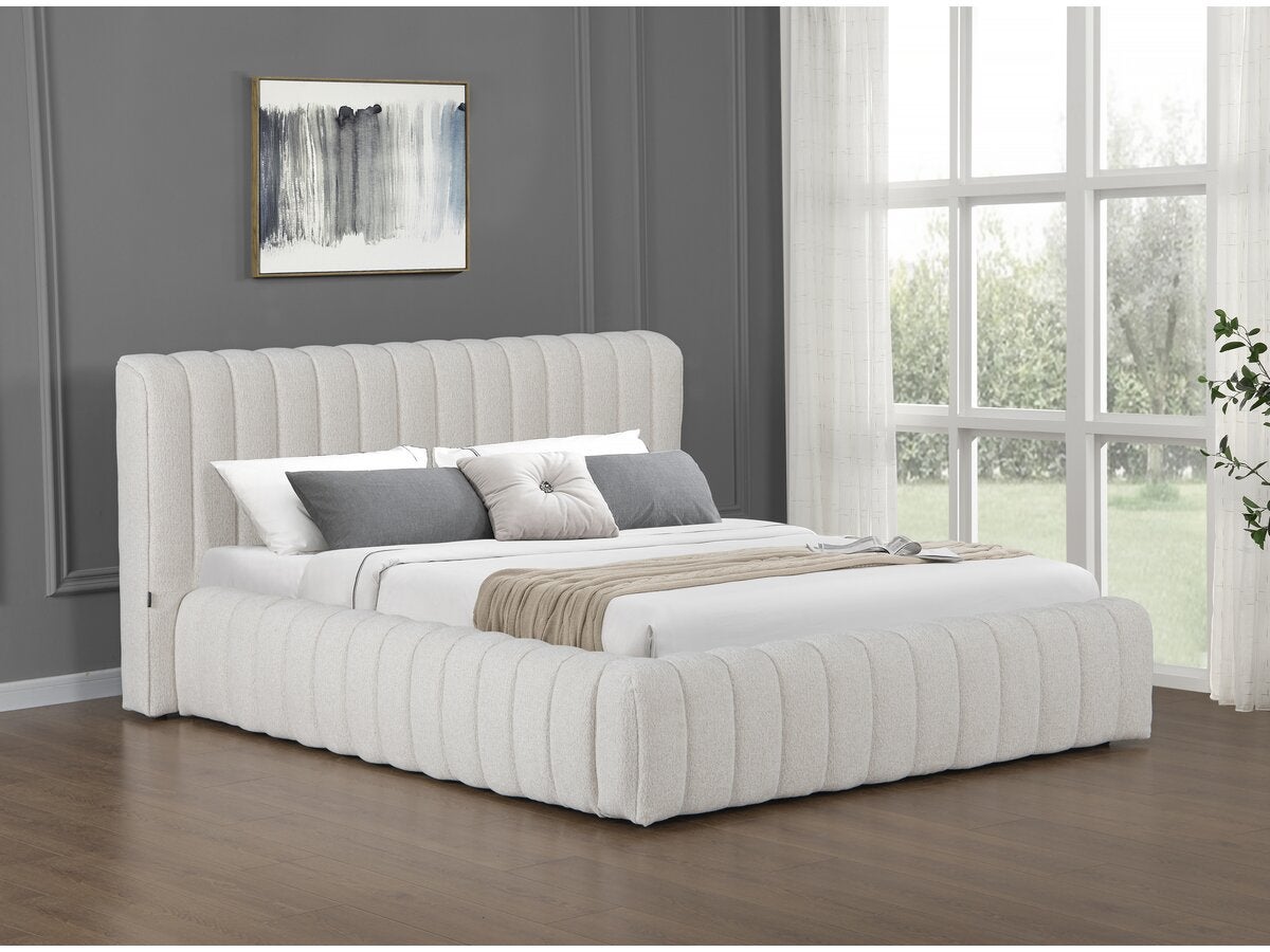 Cama Doble De Terciopelo Con Somier De Láminas, Beige 140 X 200 Cm