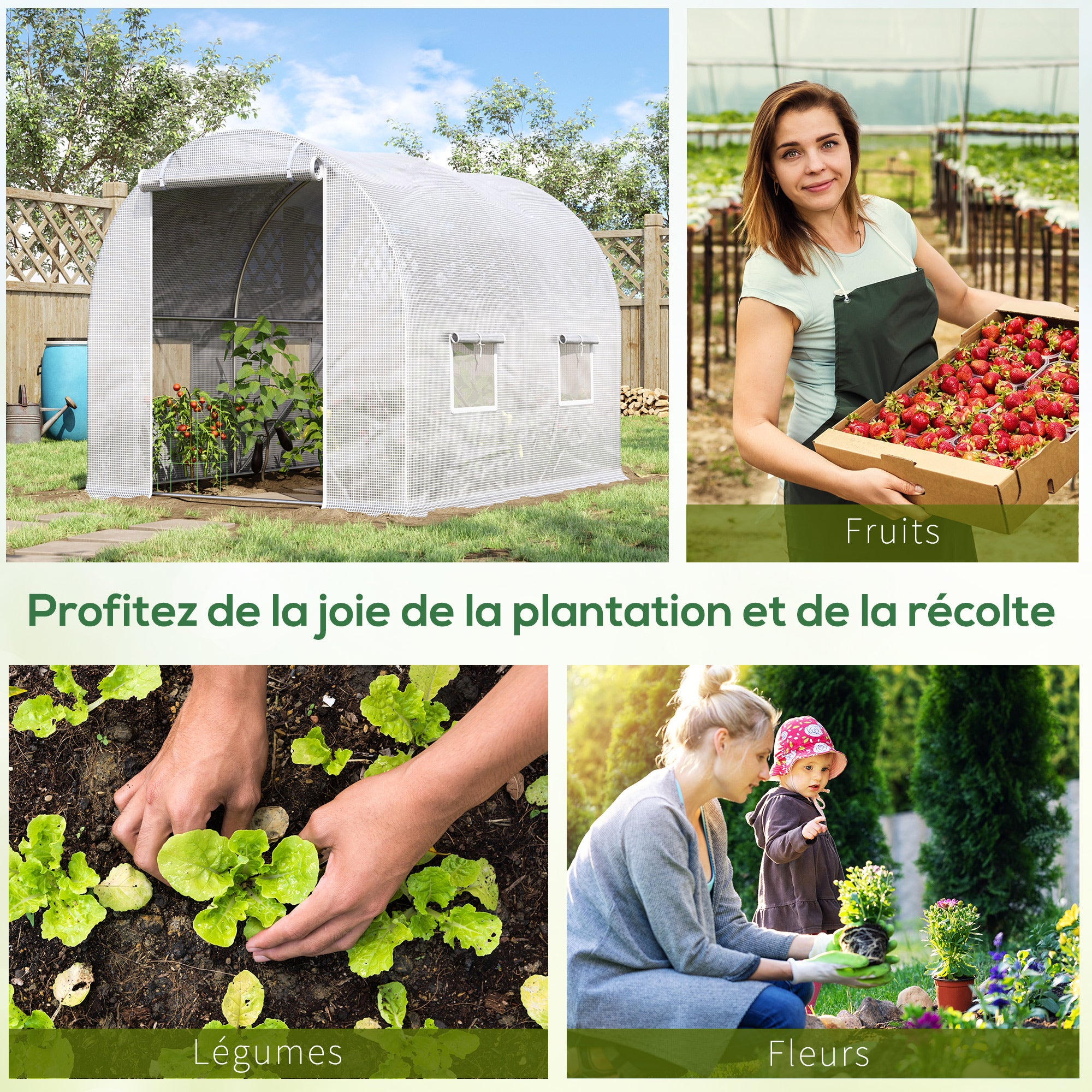 Serre de Jardin Tunnel 6 m² 3Lx2lx1,9H m Acier galvanisé renforcé diamètre 2,4cm + PE Haute densité fenêtres Porte Blanc - 9