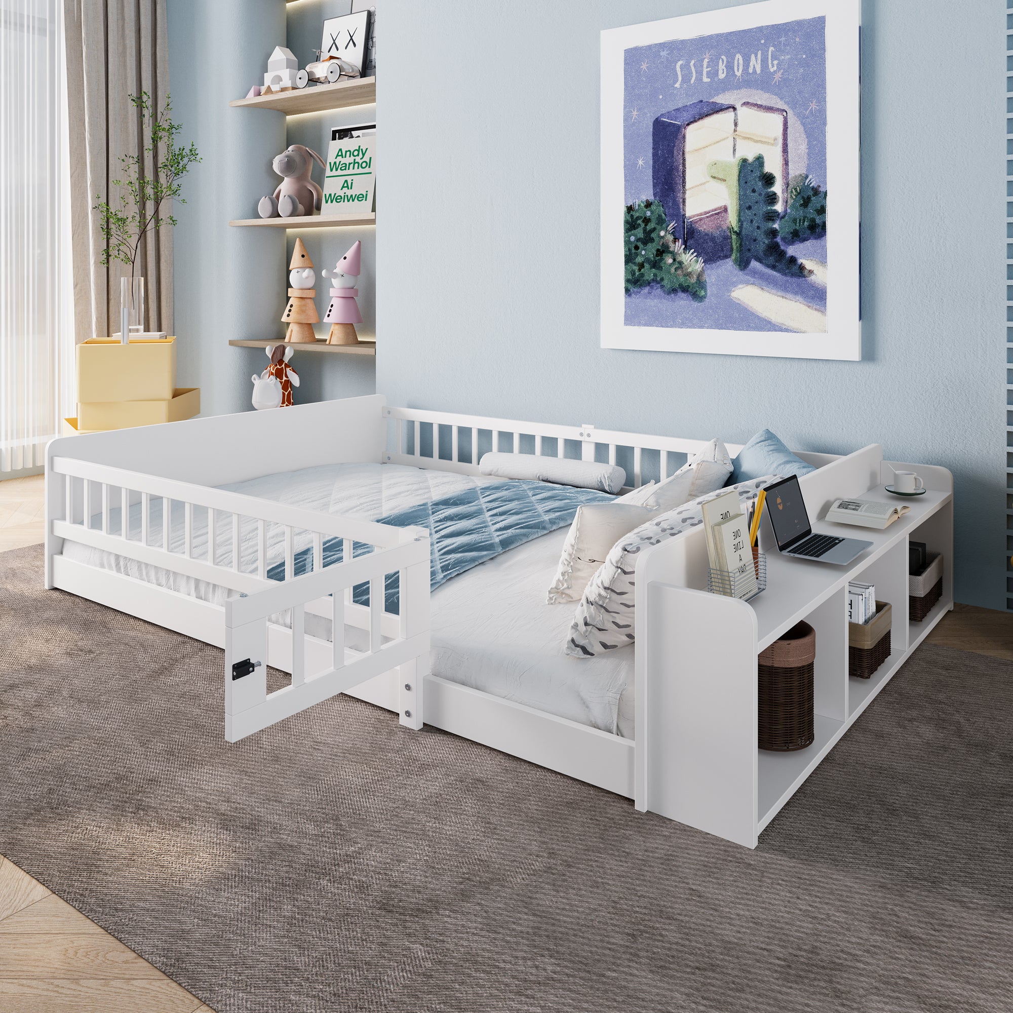 Kinderbett z drewna sosnowego - biały, 140x190cm z otwartym magazynowaniem bez materaca