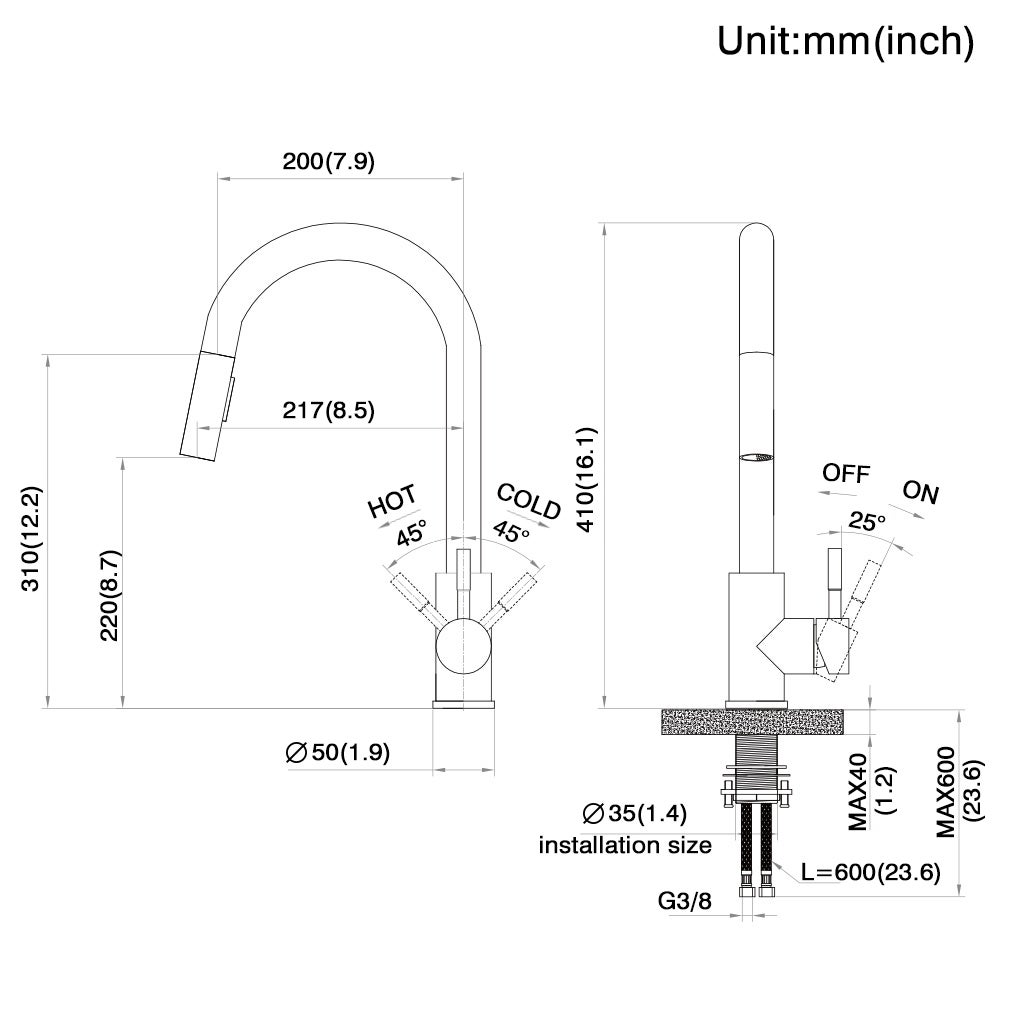 Robinet de Cuisine avec Douchette Extractible Mitigeur de Cuisine avec 2 Types de Jet D'eau Robinet d'évier en Inox Brossé - 7