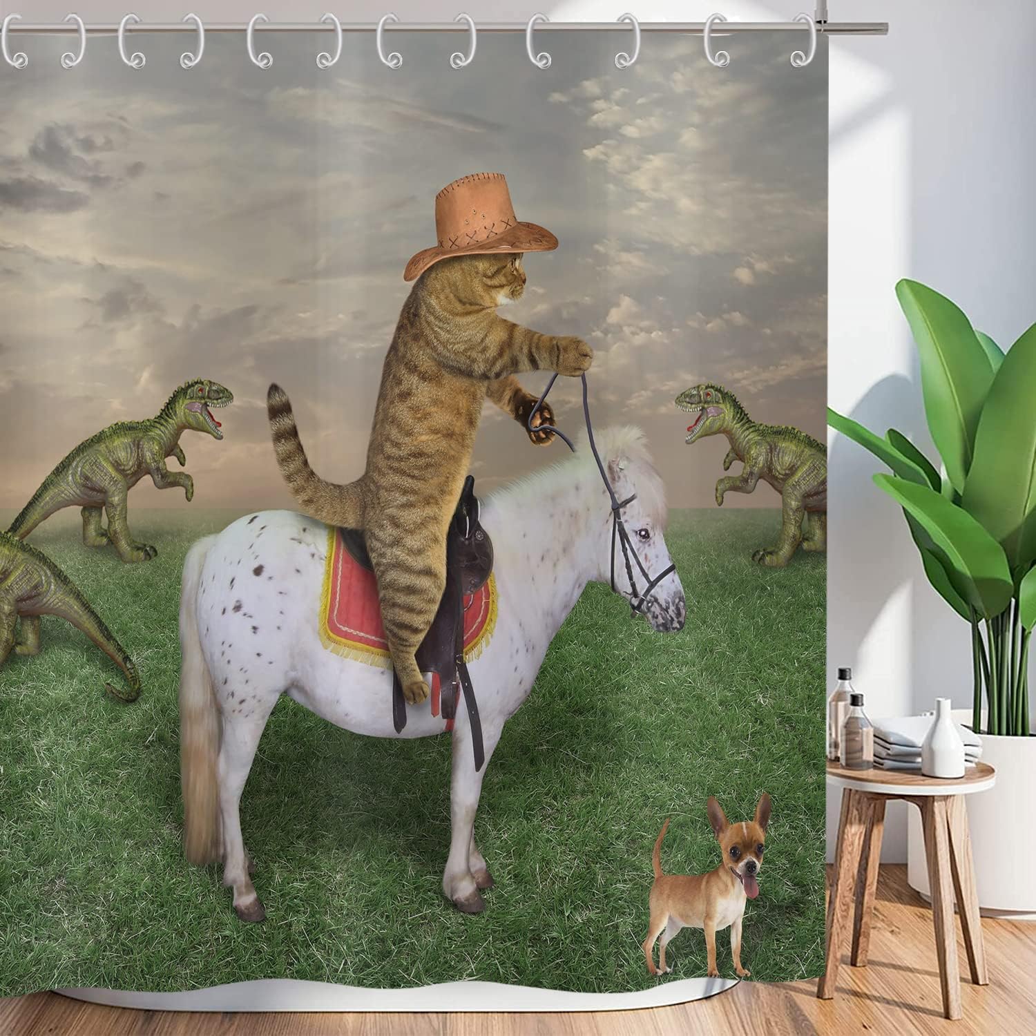 Zabawna zasłona prysznicowa 180x180 cm, West Cowboy Farm Zabawna zasłona prysznicowa z motywem kota i koniem, zmywalna, wodoodporna, z 12 haczykami