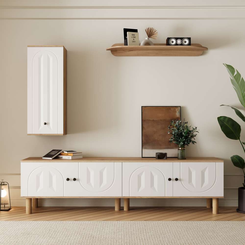 Leroy Merlin Mueble Tv Modular 3 Piezas Con Vitrinas Talladas, Estantes De Pared Y Amplio Almacenamiento En Madera Y Elegante Blanco 