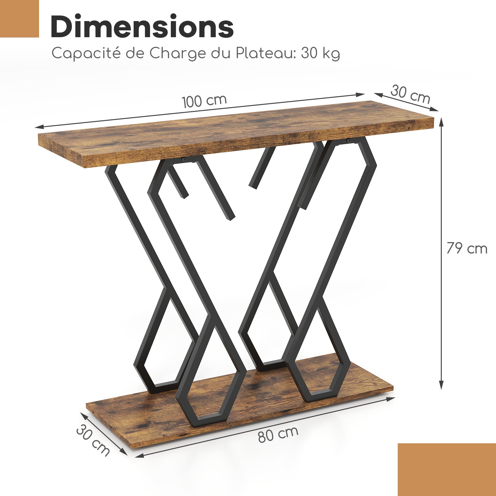 Stolik konsolowy, mebel do przedpokoju z półką, złota metalowa rama, zestaw zabezpieczający przed przewróceniem w zestawie, 100 x 30 x 80 cm, brązowy - 4