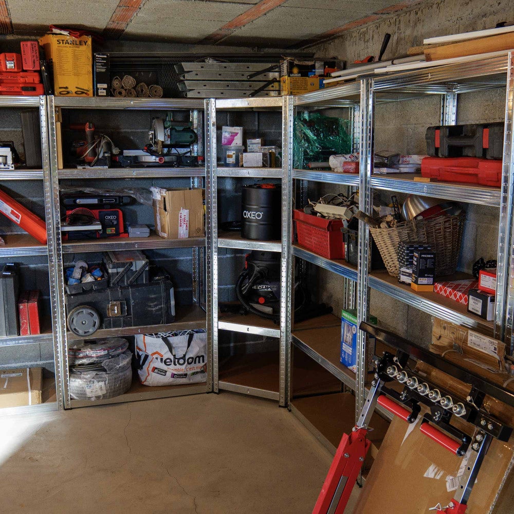3 étagères spécial angle garage - Set étagères de coin charges lourdes - 875 kg - Montage facile systeme de clip et croisillons - 4