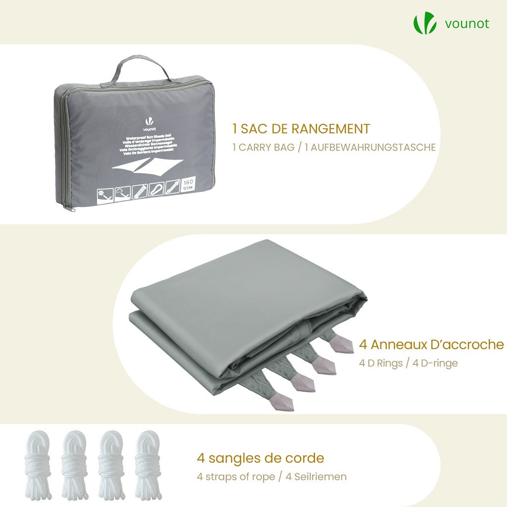 Voile d'ombrage Rectangulaire en Polyester Imperméable avec Kit de Montage 3x2m Gris VOUNOT® - 7