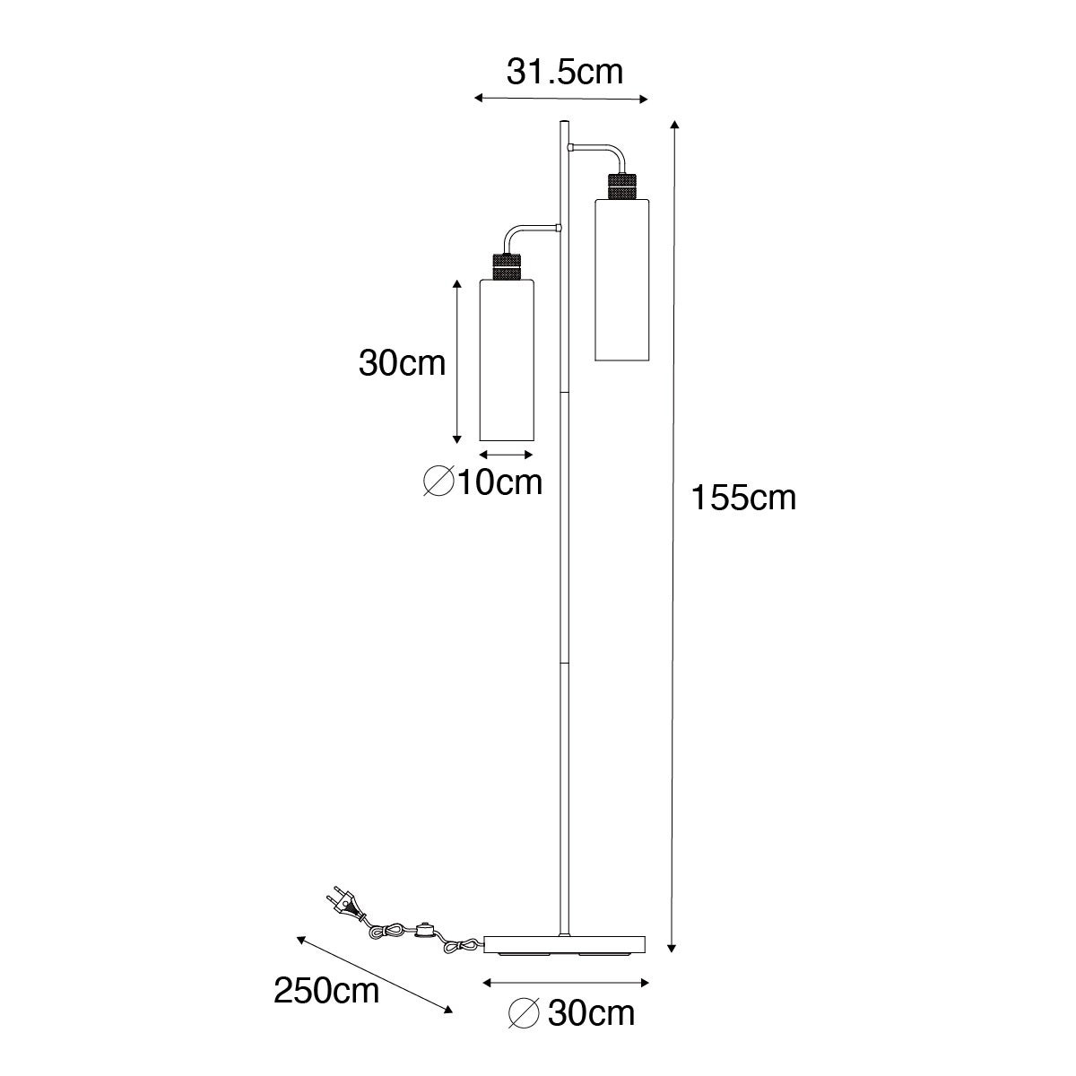 QAZQA Stavelot - Lampadaire - 2 Lumière - H 155 Cm - Noir
