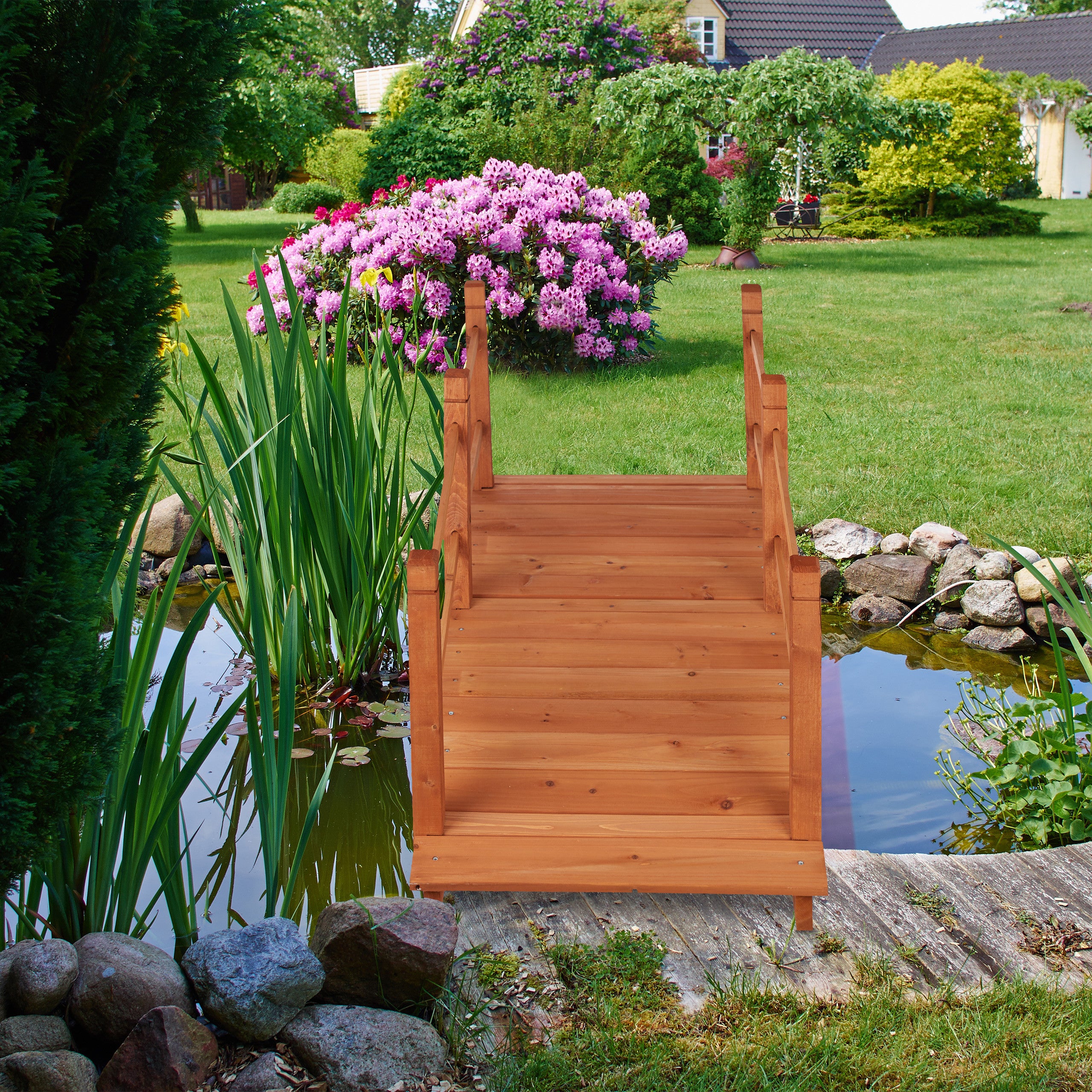 Puente Jardín con Pasamanos, Madera de Abeto, Marrón Anaranjado, 56 x 140 x 60 cm, Relaxdays - 5