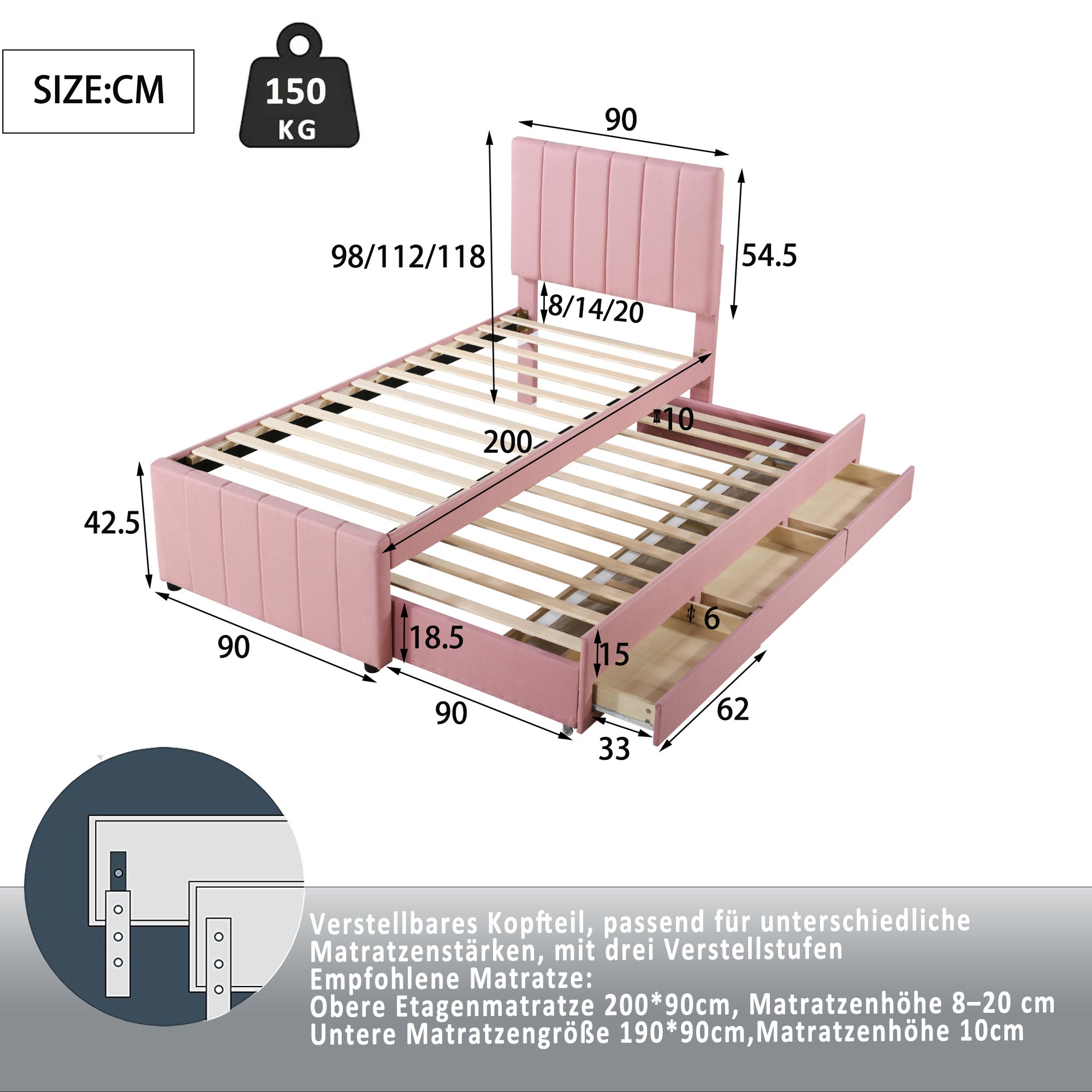 Łóżko tapicerowane lniane 90x200cm - z łóżkiem wysuwanym na kółkach i 3 szufladami - Różowe - 7