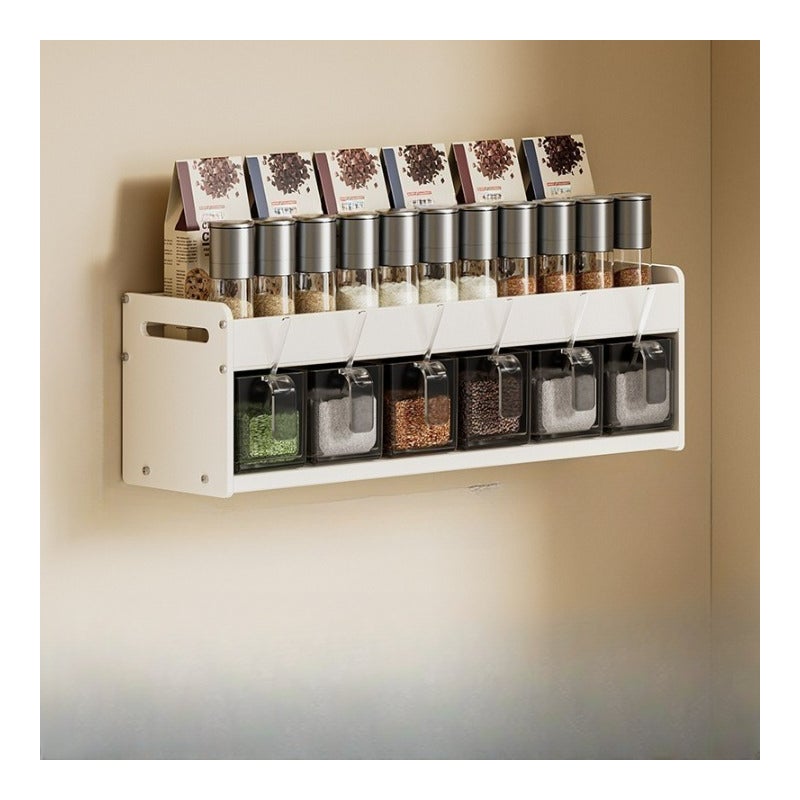 Półka kuchenna bez wiercenia, wielopoziomowa półka ścienna, stojak do przechowywania przypraw i przypraw, biały, 2 poziomy, 6 misek