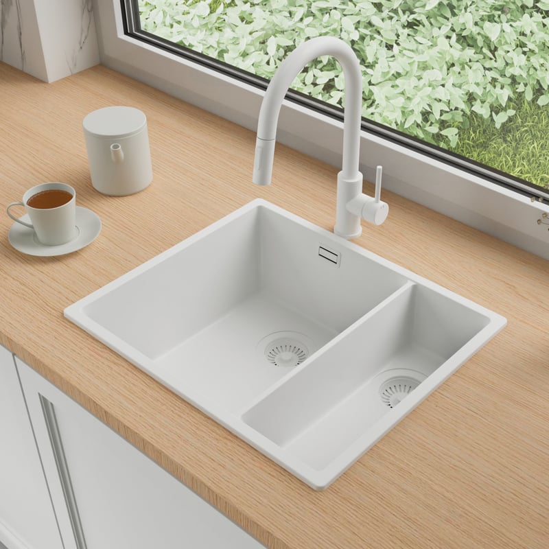 Zlewozmywak Granitowy 56x47cm, do szafki od 60cm + Bateria + Syfon - Agate Cały Biały STONESTYLE