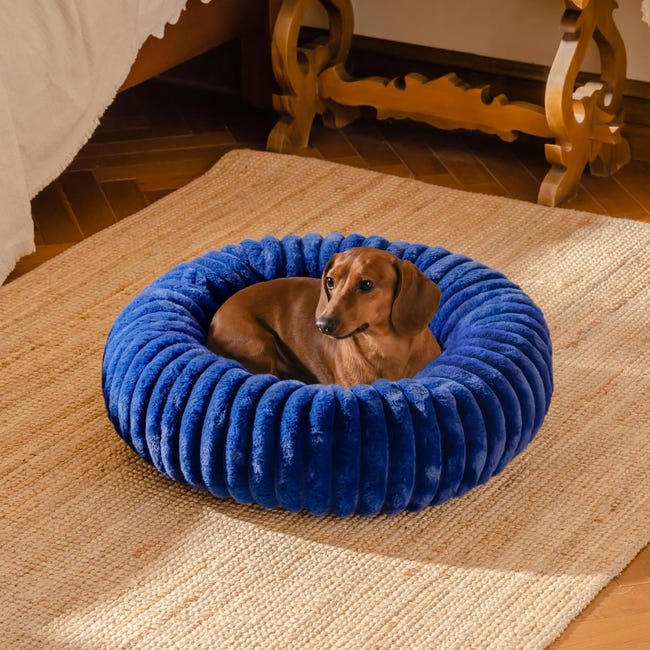 Cama redonda para perros y gatos en suave tela azul marino de 40