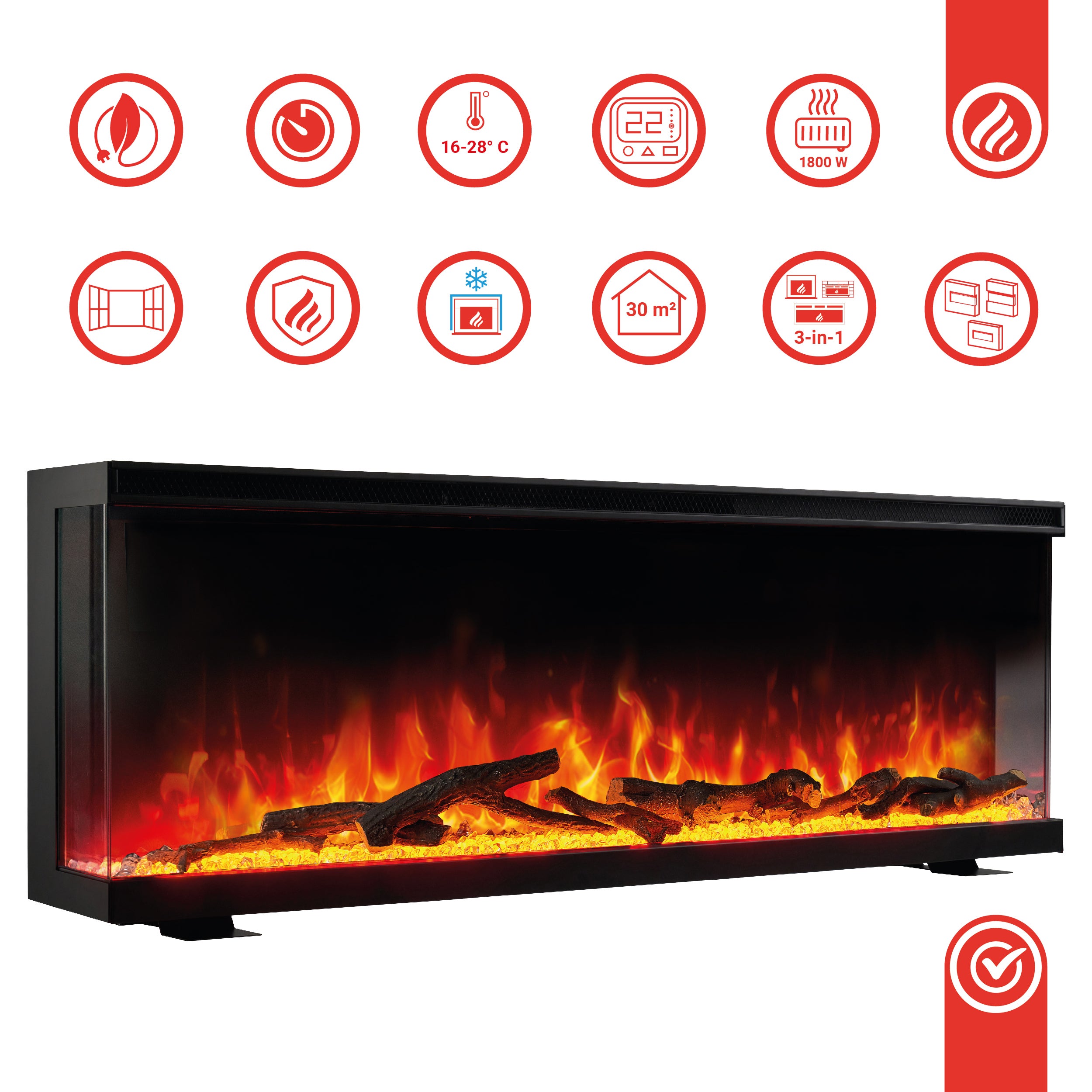 KAMINIO Chimenea eléctrica LEA - Chimenea 3en1 con vista panorámica, calefacción, llama 3D, 12 colores de llamas, mando a distancia - 36 pulgadas - 7