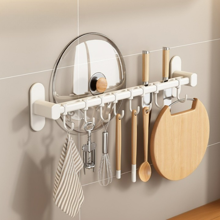 Aluminiowy uchwyt na noże z haczykami, uchwyt na pokrywkę garnka - uchwyt na noże * 2 + haki * 8 - biały 50 * 8,5 * 6,5 cm