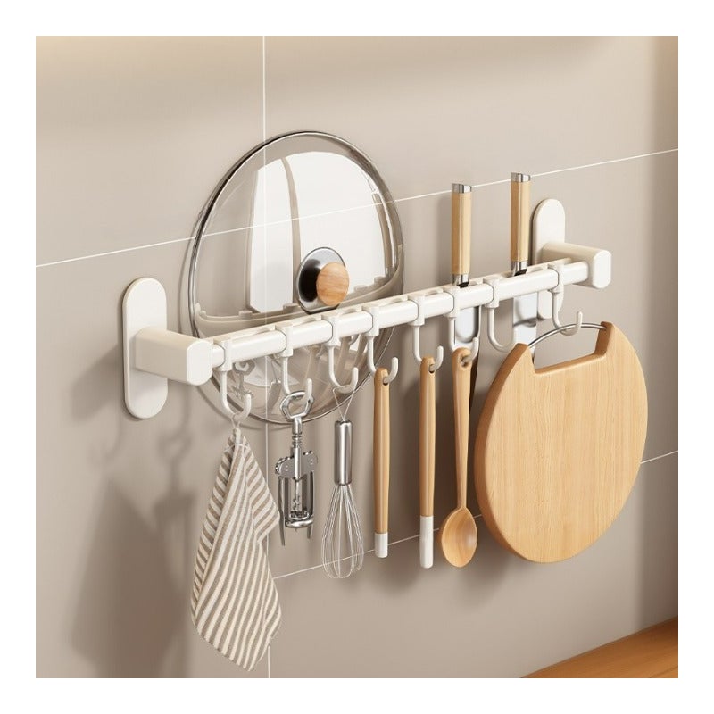 Aluminiowy uchwyt na noże z haczykami, uchwyt na pokrywkę garnka - uchwyt na noże * 2 + haki * 8 - biały 50 * 8,5 * 6,5 cm