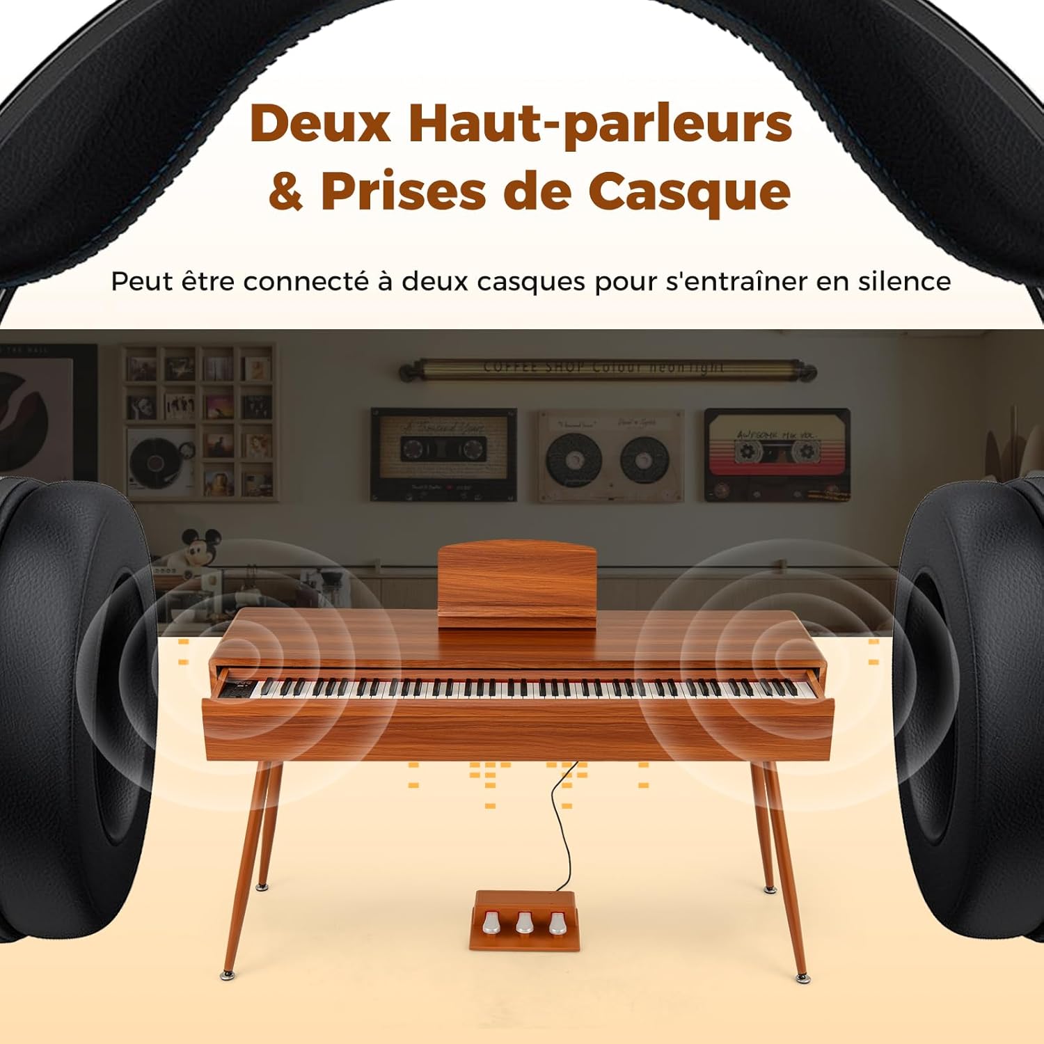 Piano Numérique 88 Touches Pondérées, Triple Pédalier, 2 Haut-parleurs, Casque, Connexion MIDI et Pupitre pour Débutants - 6