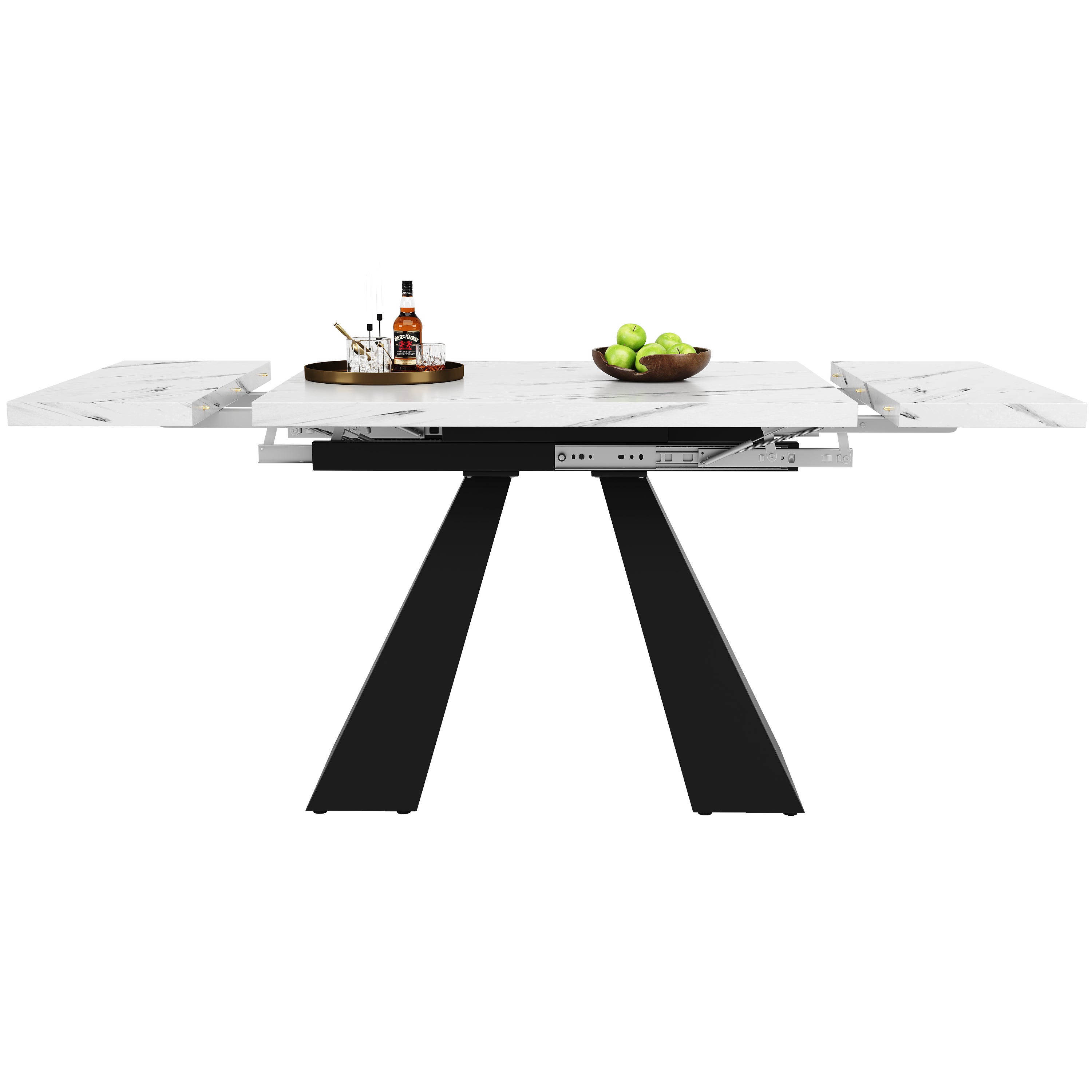 Rozkładany stół jadalny dla 4-6 osób - 99/159 x 74 x 77 cm - Płyta MDF + nogi metalowe - Blat imitujący marmur - Biały - 6