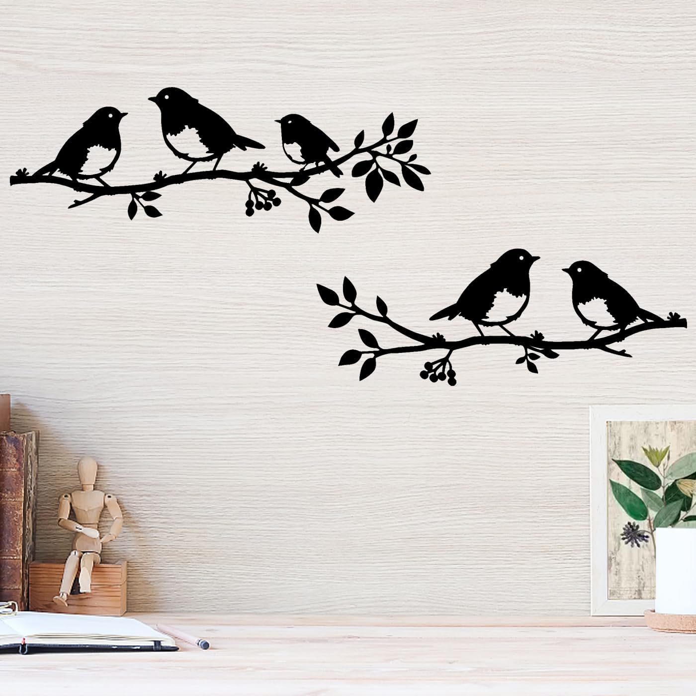 Lot de 2 oiseaux muraux en métal sur une branche,Décoration murale oiseaux en métal,Décoration murale en forme de feuilles avec silhouette d'oiseaux - 4