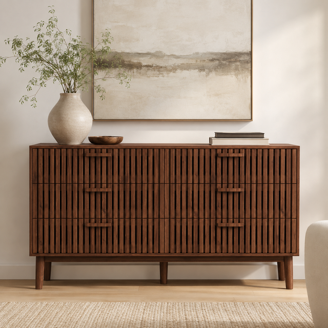 Commode 6 tiroirs de Rangement en Bois,Armoire à tiroir avec Dispositif Anti-basculement,Commode à Stries Verticales,73Hx100Lx34D cm Aspect Bois noyer