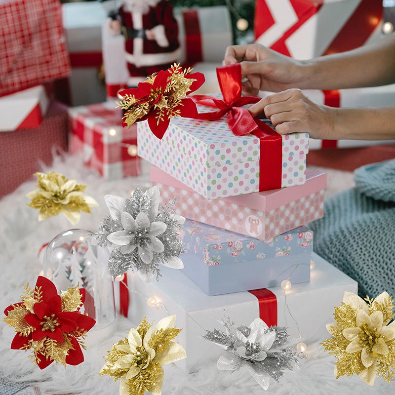 Lot de 15 décorations de Noël, fleurs artificielles scintillantes avec clips, décorations pour sapin de Noël, pendentifs de fleurs artificielles - 7