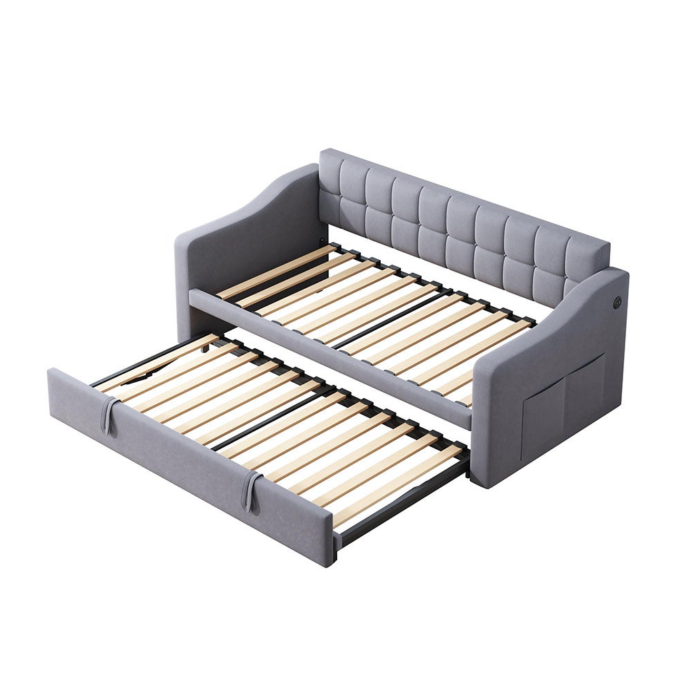 Lit adulte Lit rembourré Canapé-lit 2 en 1 Canapé-lit multifonction 90/180 avec prise de courant et sac de rangement gris en velours - 5