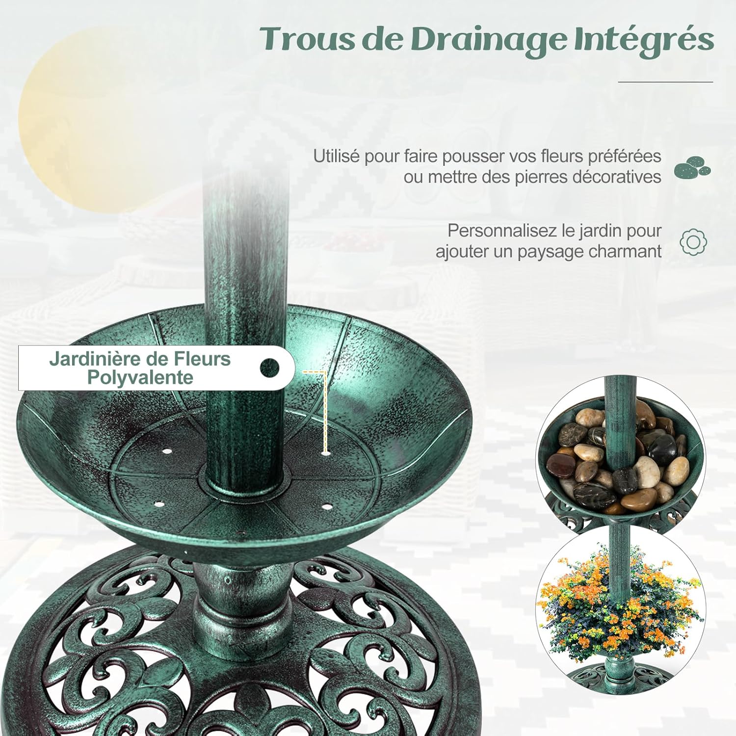 Bain d'oiseaux sur Pied Solaire, Mangeoire Oiseaux Extérieur avec 2 Lampes à Energie Solaire, Support Remplissable, 3 Piquets pour Jardin, Cour - 6