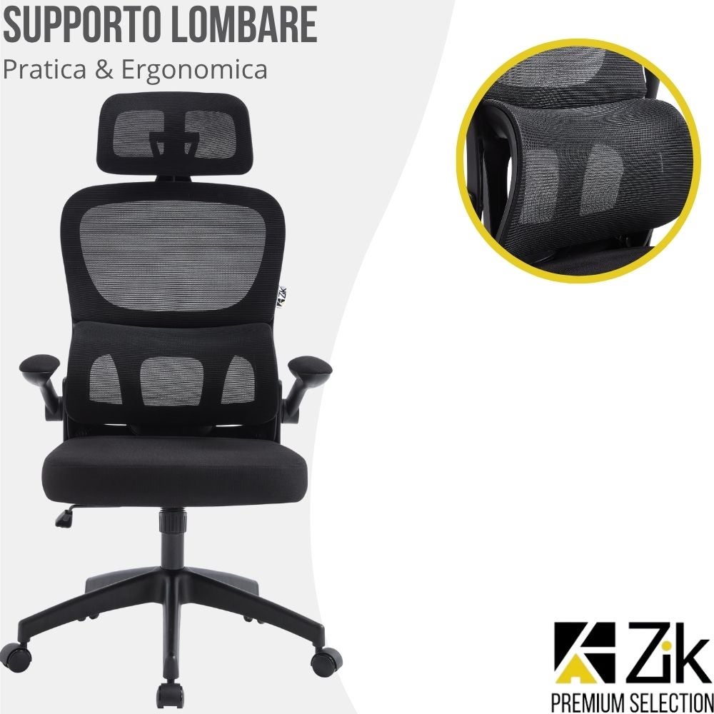 Chaise de bureau avec accoudoirs Fauteuil ergonomique pivotant avec support lombaire et appui-tête réglable, dossier pivotant - Noir - 6