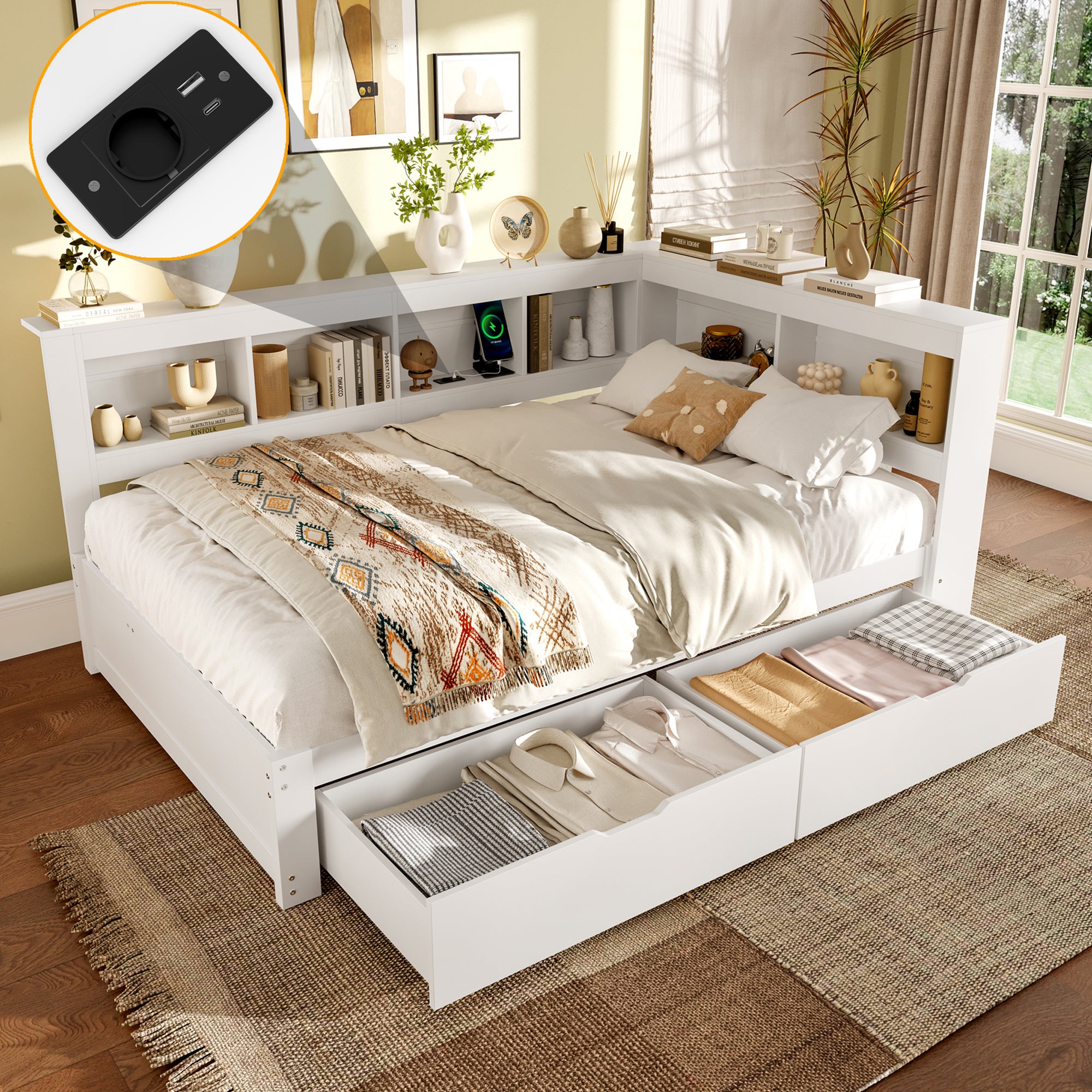 Daybett 140x200 cm - 2 szuflady do przechowywania - materac inkluzywny - port USB i gniazdo elektryczne - MDF i drewno sosnowe - biały