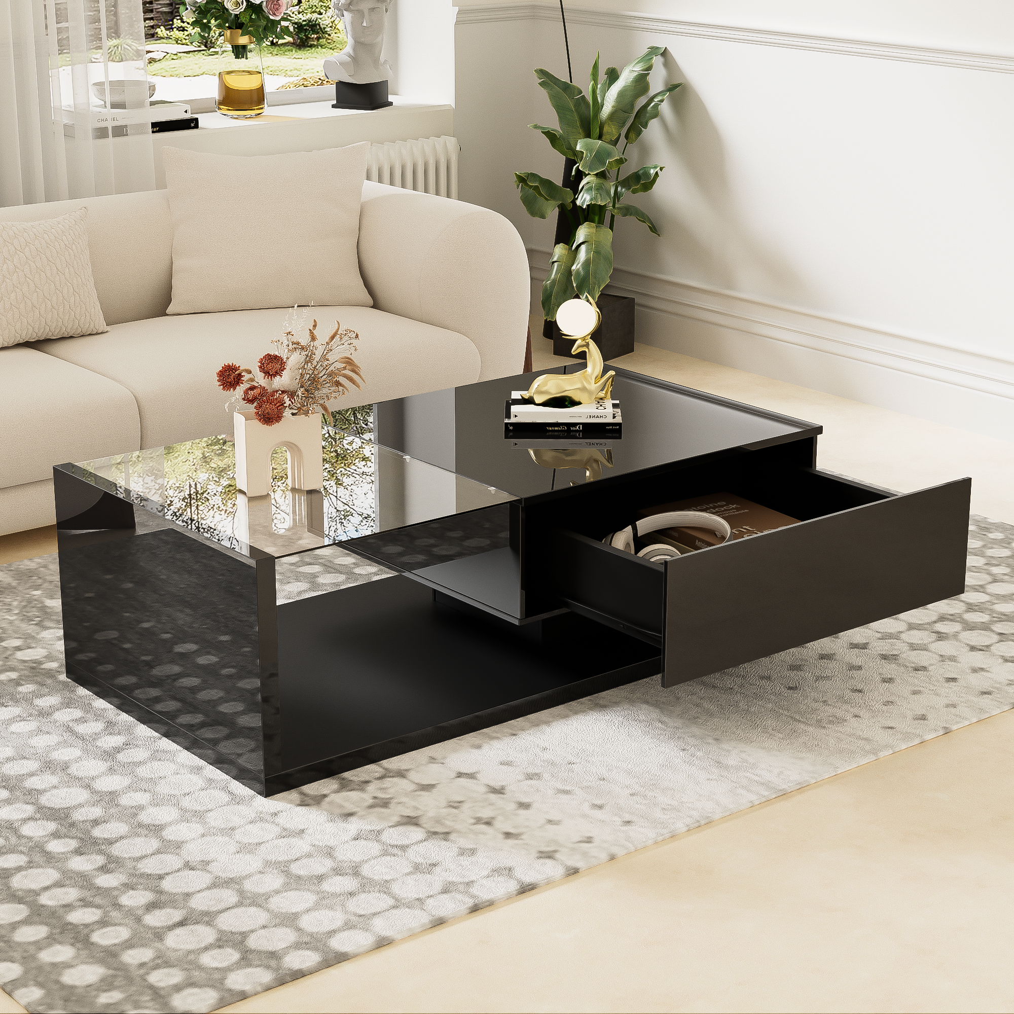 Table basse avec LED - en verre et panneaux de particules - Noir - 2