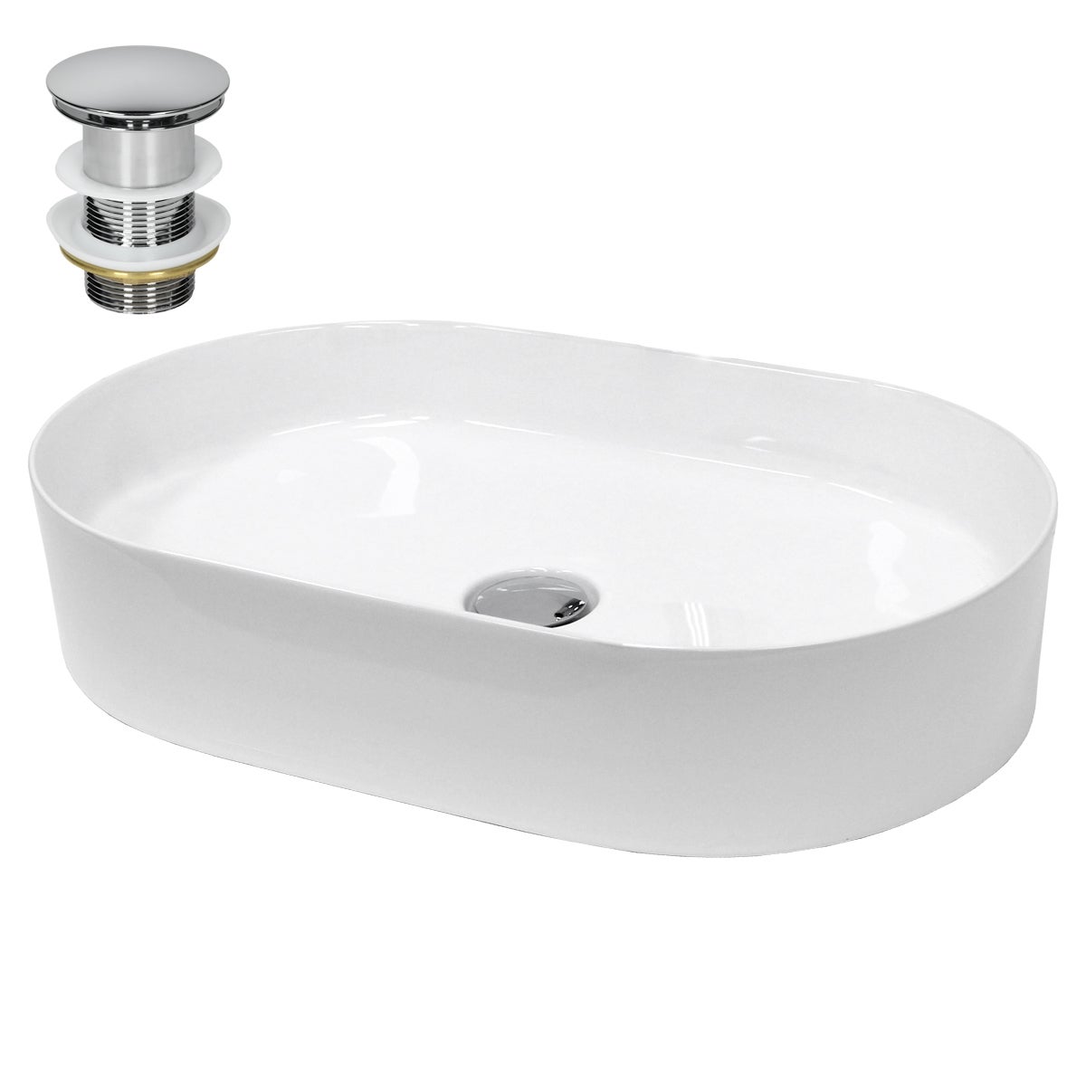 Lavoar de baie LuxeBath 60,5x38x12,5 cm din ceramica, patrat, cu ventil pop-up cromat, fara orificiu pentru baterie, chiuvetă cu montare pe blat, alb
