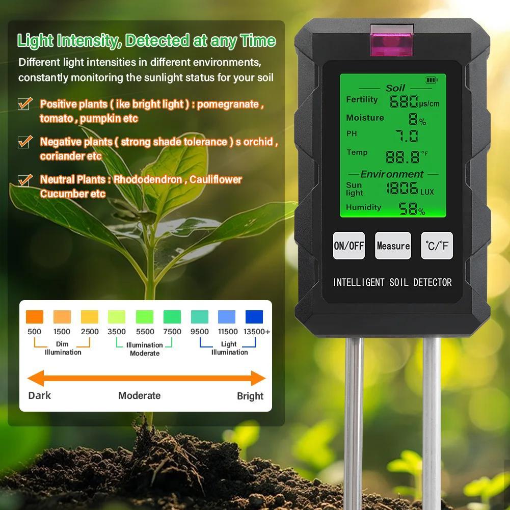 Testeur de sol 6 en 1 avec écran LCD, analyse de la fertilité du sol, humidité des nutriments, pH, humidité et température. - 3