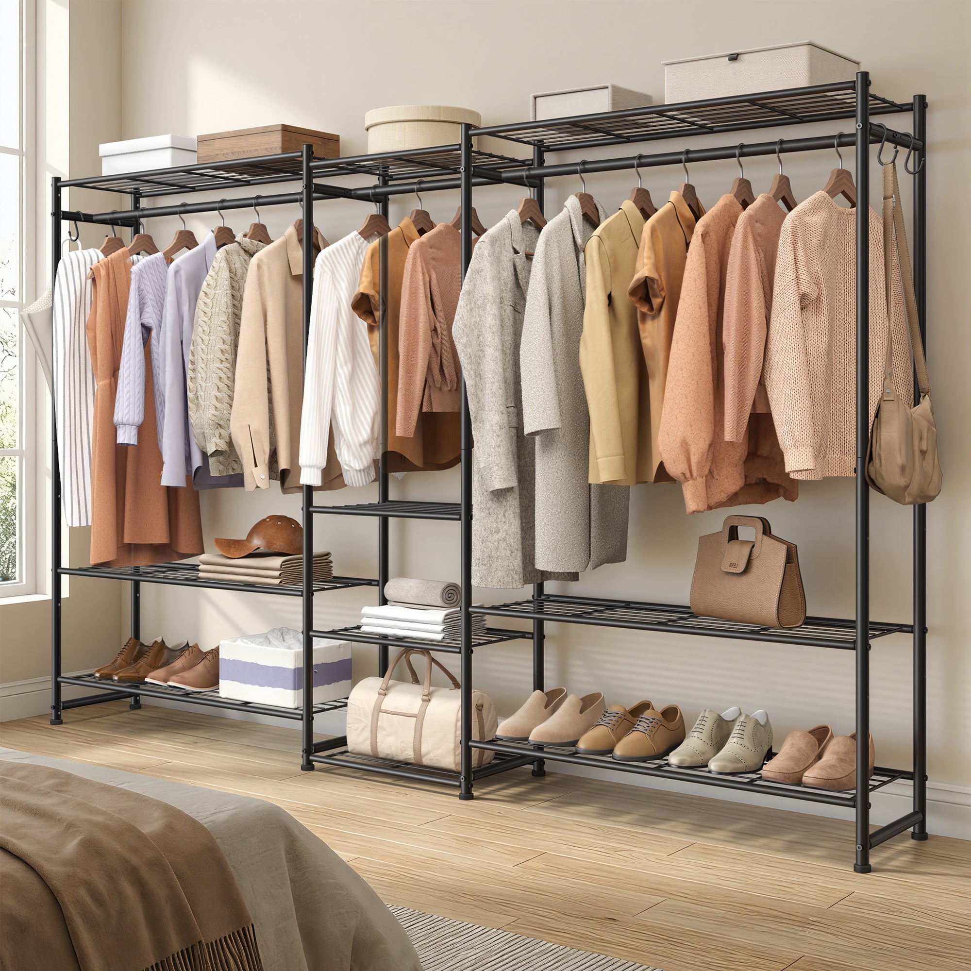 Portemanteau Métallique Ouvert, Armoire avec 3 Tringles et 10 Étagères, pour Chambre, Entrée, Noir - 3