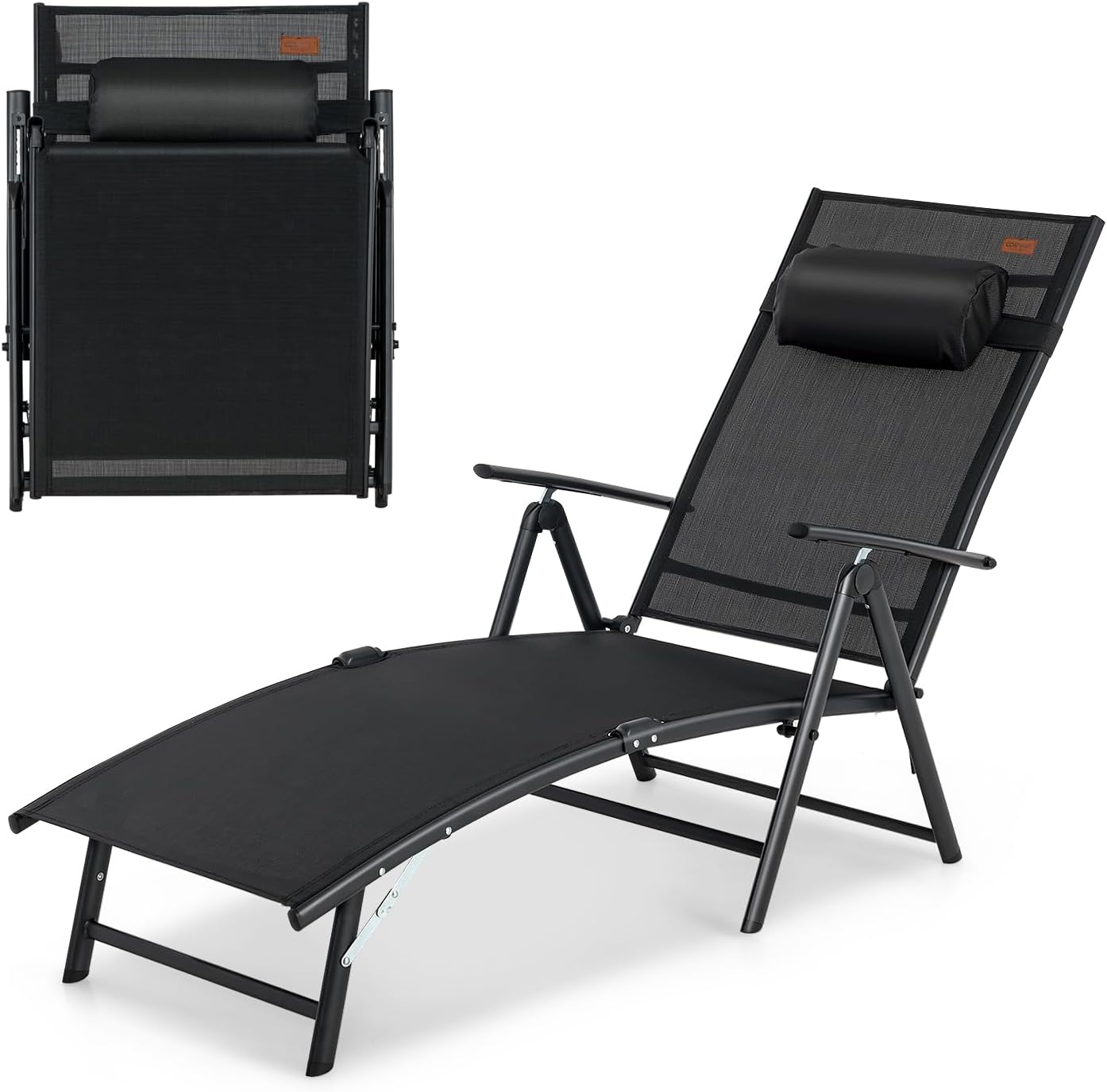 Chaise Longue Pliante avec Dossier Réglable à 7 Niveaux avec Accoudoir et Repose-tête-Transat Jardin Charge 150 KG Noir - 8